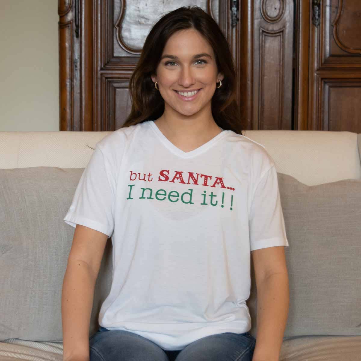“But Santa” V-Neck T-Shirt For Women White/Red/Dark Green