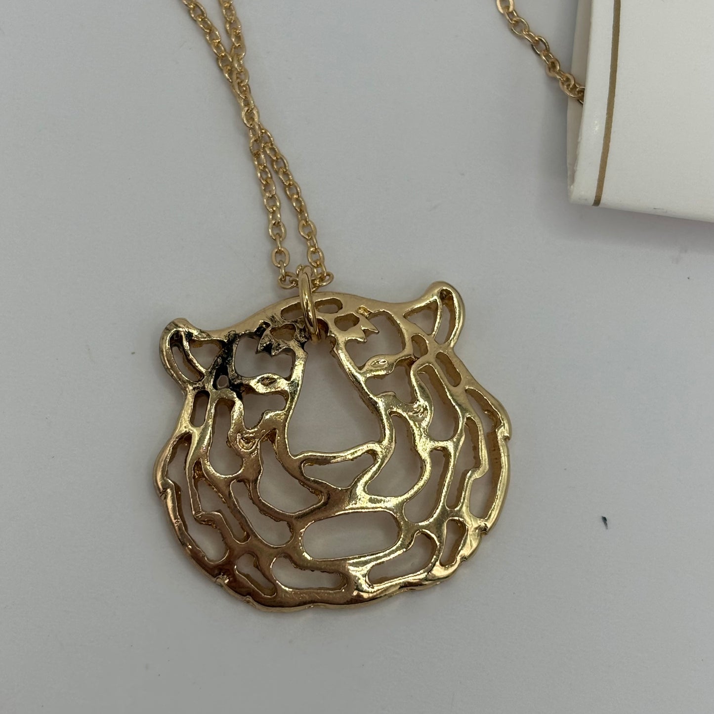 Tiger Pendant on 18” long Gold tone Necklace