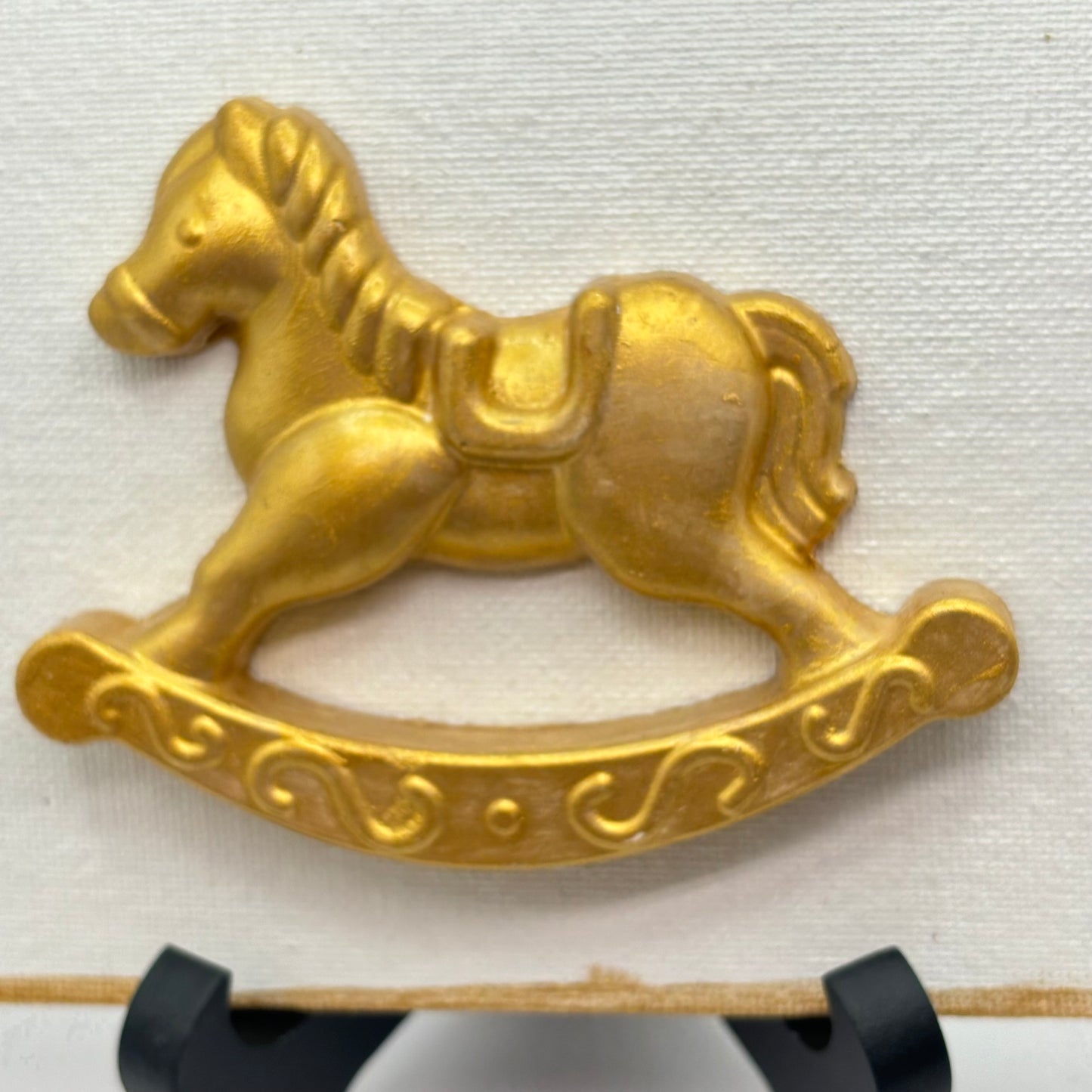 Hand Casted Gold Rocking Horse or Baby Carriage on 4” x 6” Canvas & Easel