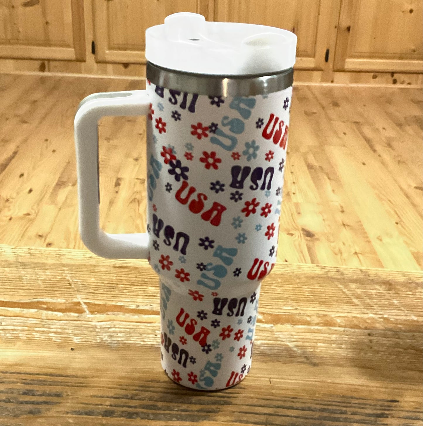 Unbranded Retro USA and Flower Printed 40oz Double Wall Stainless Steel Vacuum Tumbler With Handle
