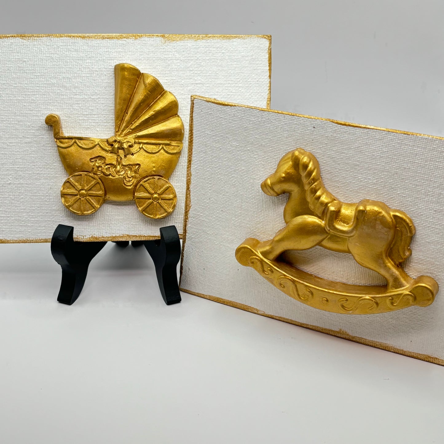 Hand Casted Gold Rocking Horse or Baby Carriage on 4” x 6” Canvas & Easel