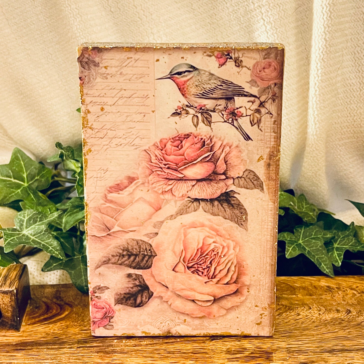 Handcrafted Decoupage Wood Slat • Easel • Box Decor • 4” x 4” Box • Lantern with Floral Decor