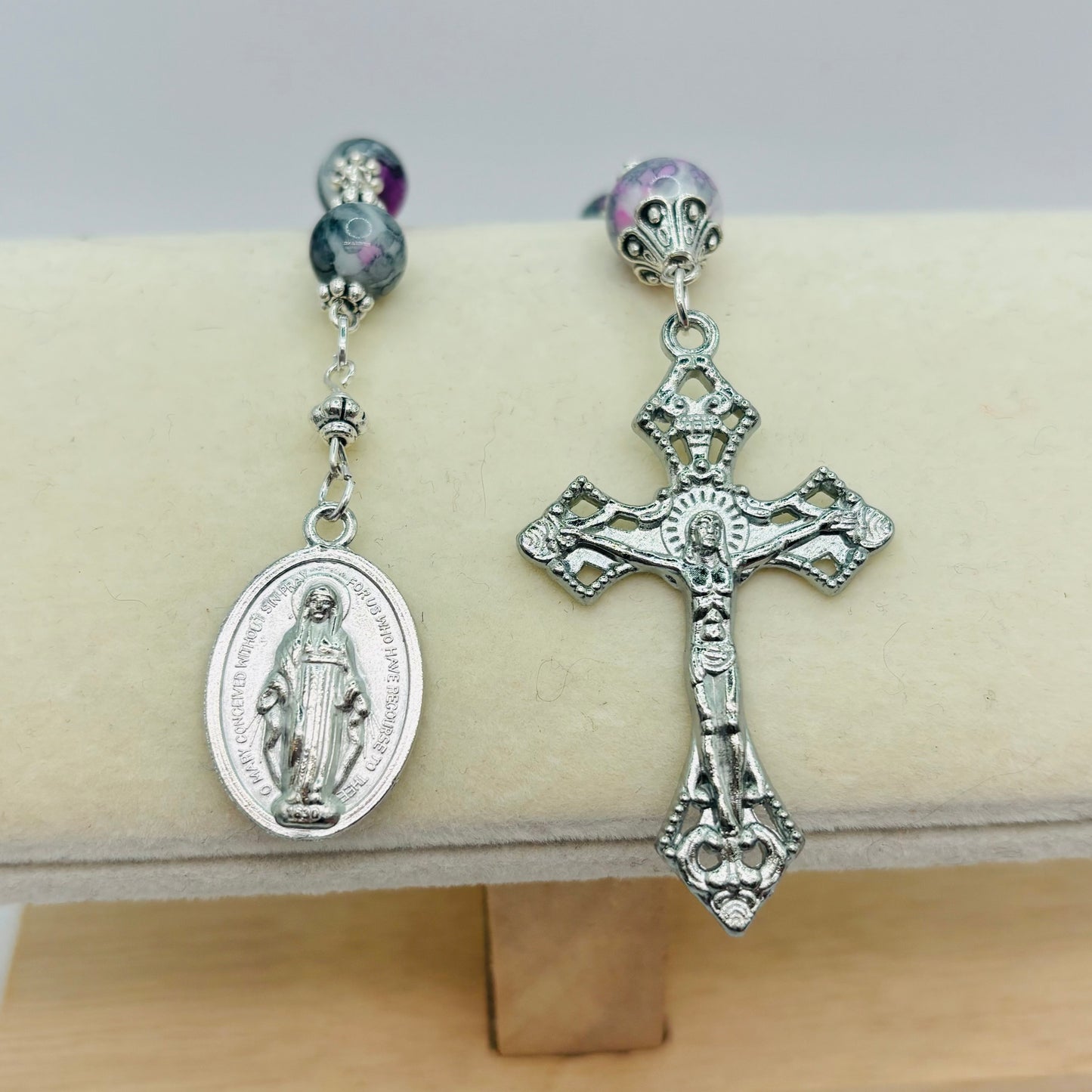 Pink Marble Pocket Rosary & Velvet Pouch