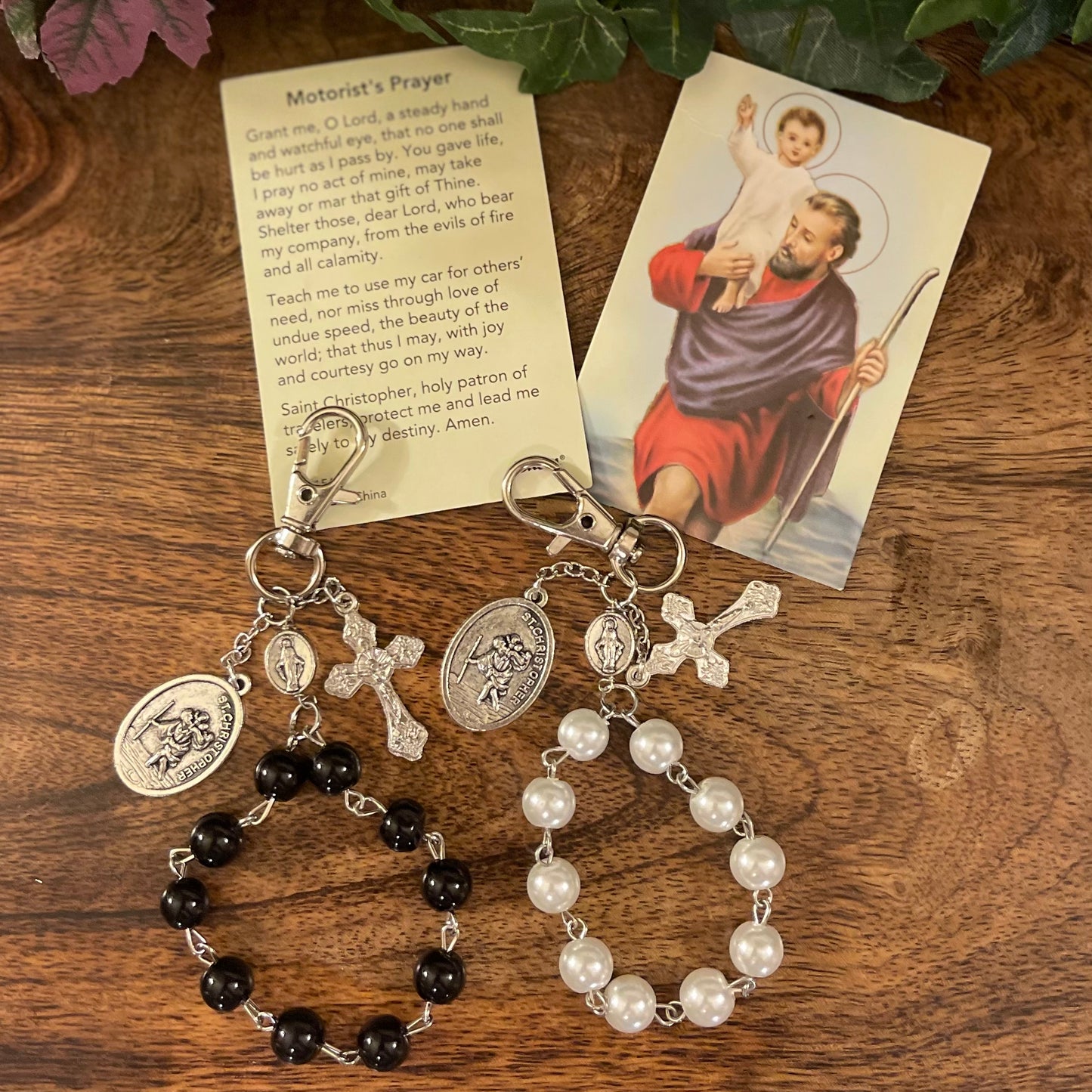 Saint Christopher Travel Clip Pearl or Black Bead