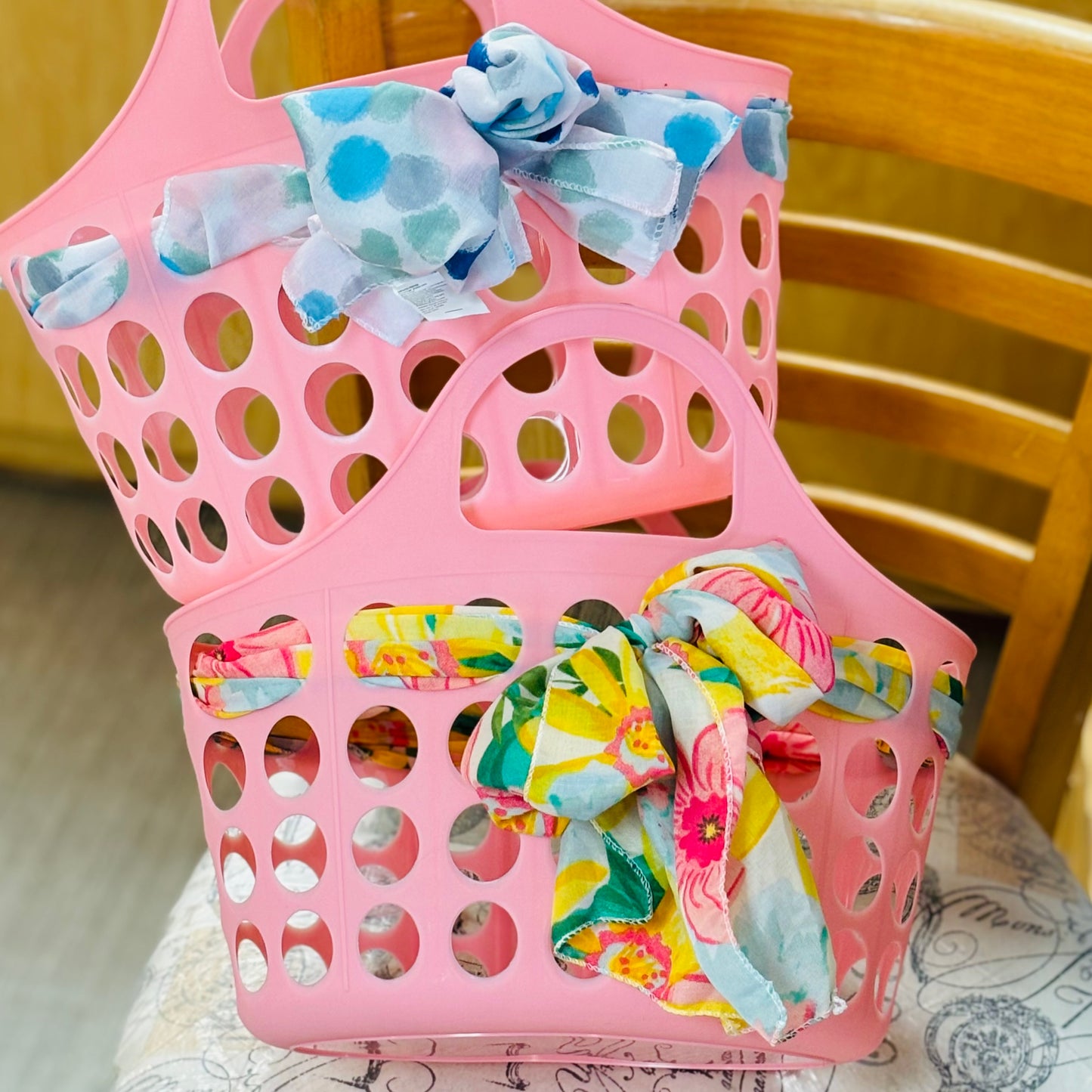 Pink Basket with Functional Scarf Threaded Through