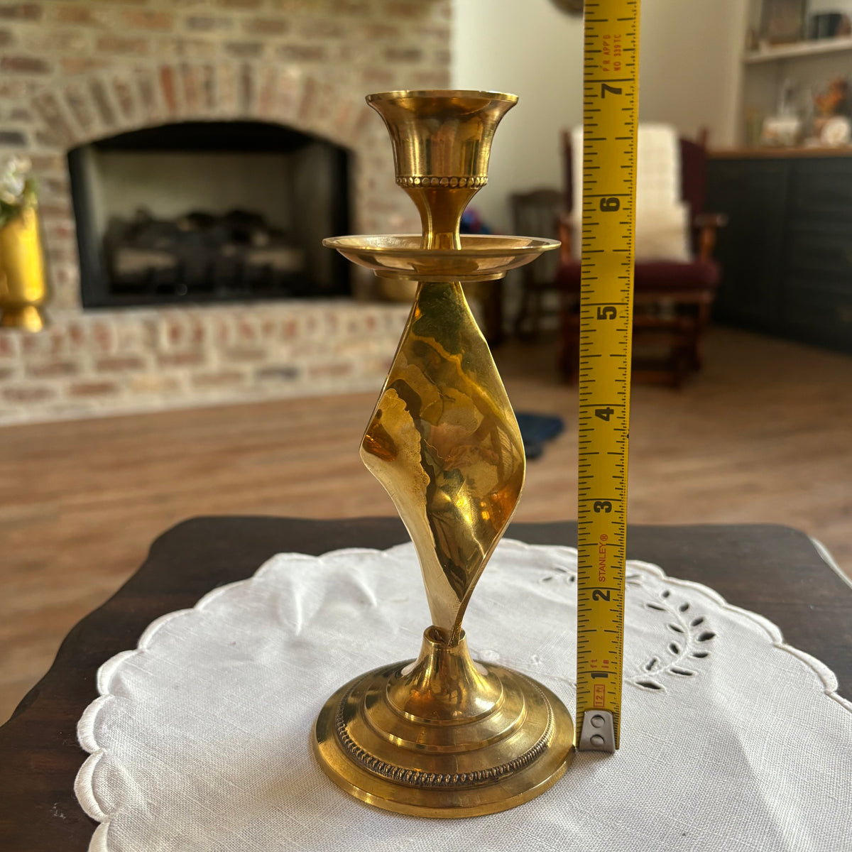 MCM Twisted Stem Brass Candlestick 7” with Beaded Embellishment on the trim