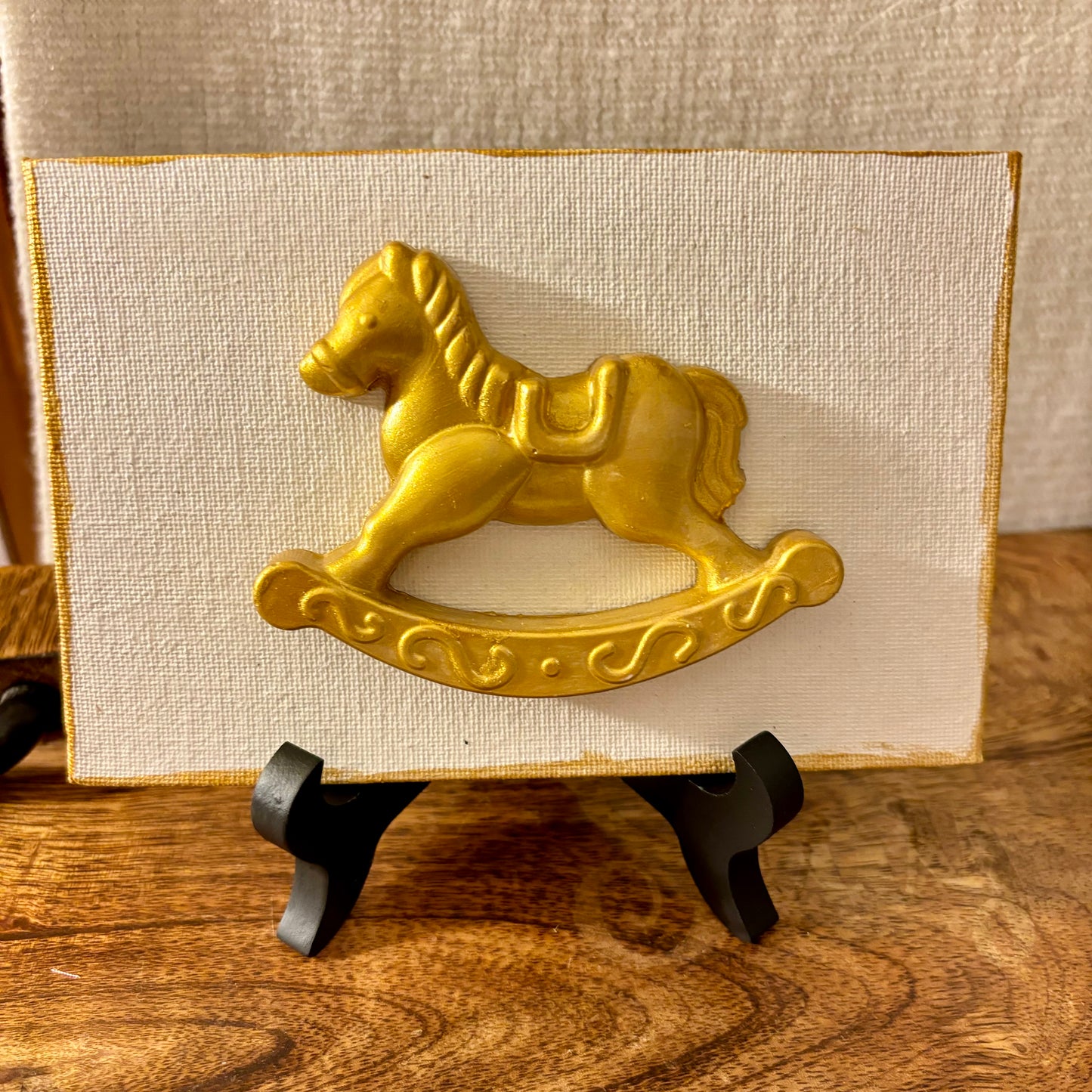 Hand Casted Gold Rocking Horse or Baby Carriage on 4” x 6” Canvas & Easel
