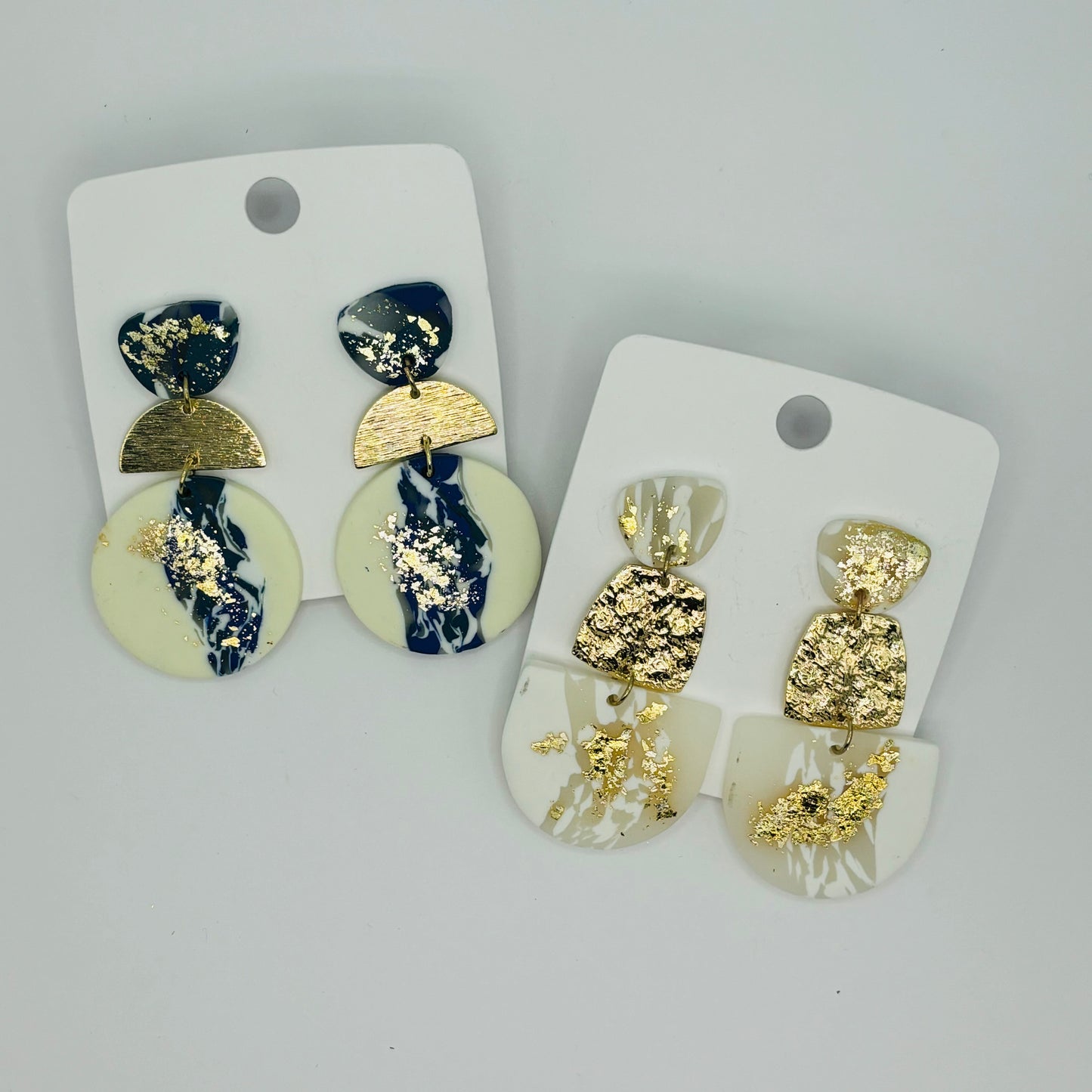 Polymer Clay Post Back Earrings in Navy and Gold or White Gold