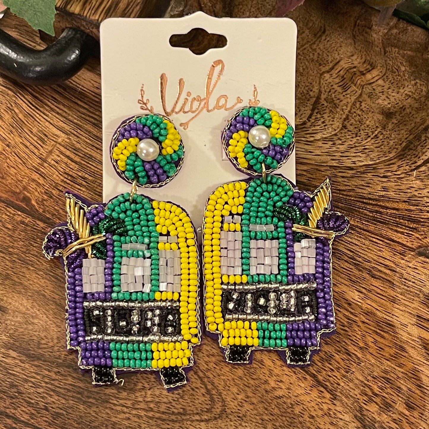 Mardi Gras Seed Bead Drop Earrings • Streetcar • Crawfish • Fleur de lis