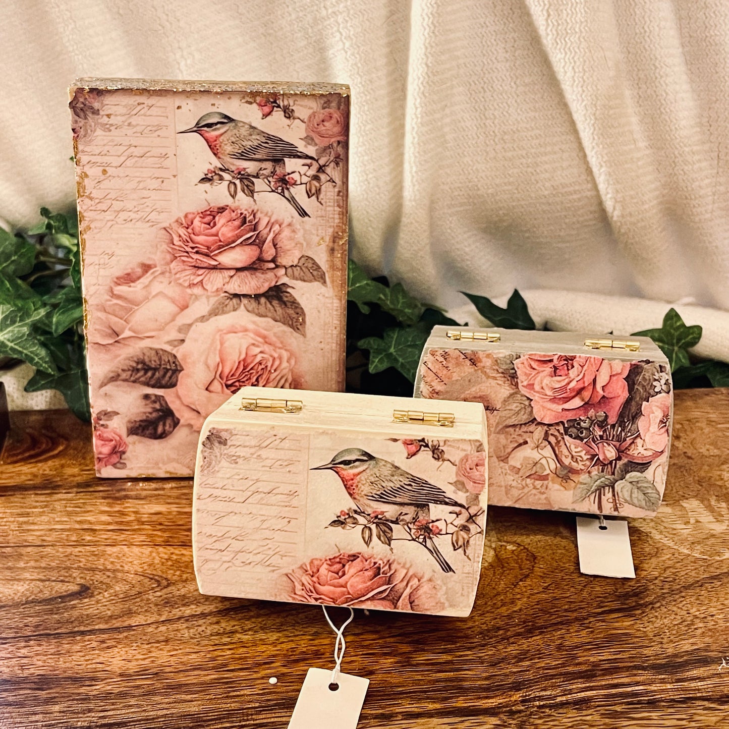 Handcrafted Decoupage Wood Slat • Easel • Box Decor • 4” x 4” Box • Lantern with Floral Decor