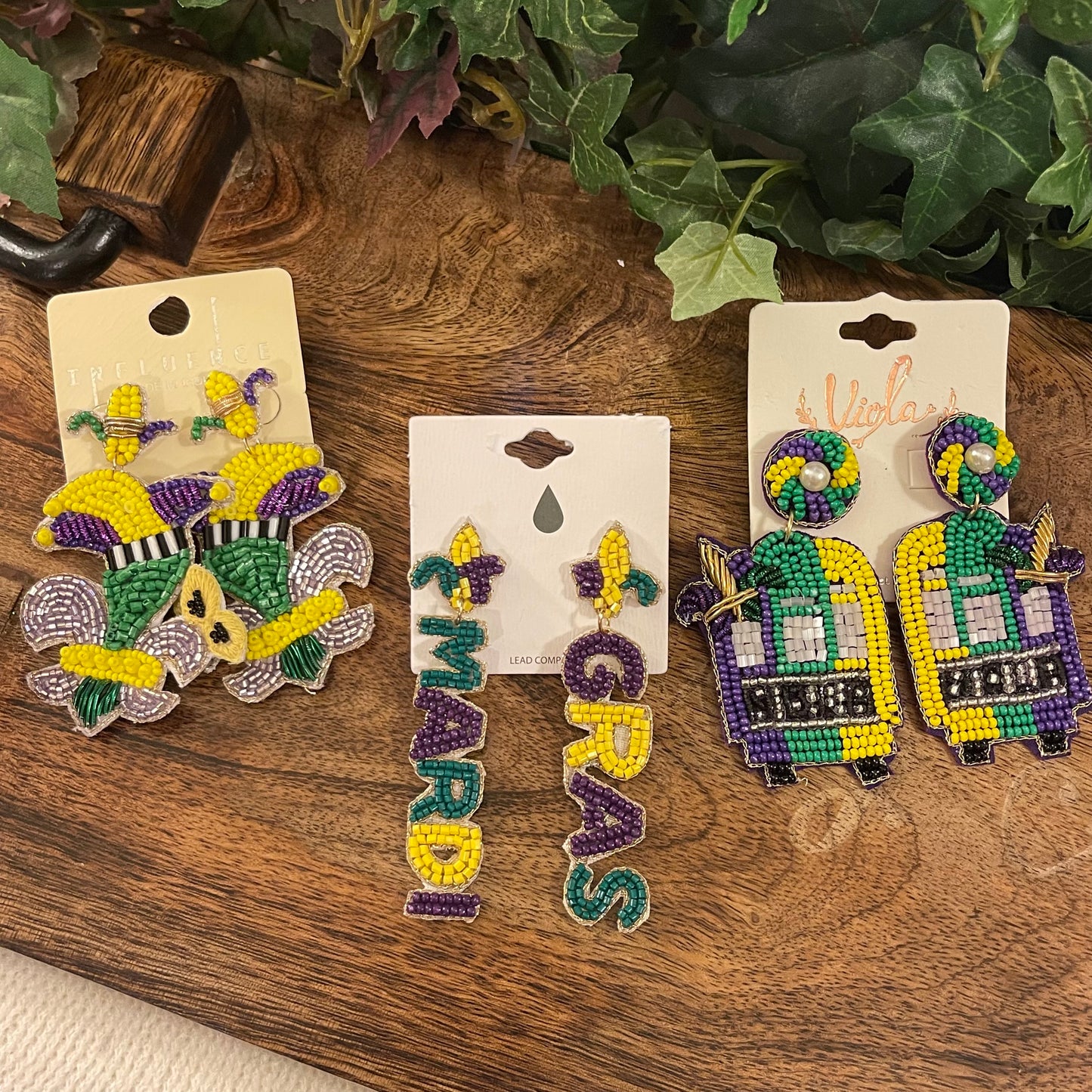 Mardi Gras Seed Bead Drop Earrings