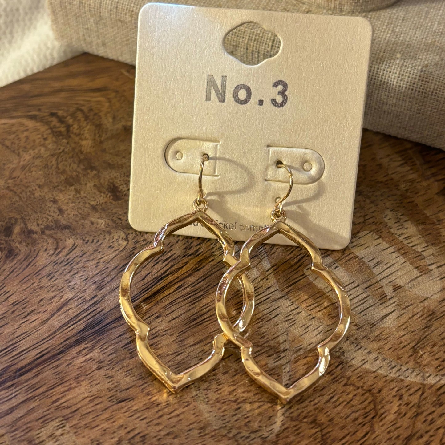 Hammered Gold Dangle Earrings Elongated Hexagon Design