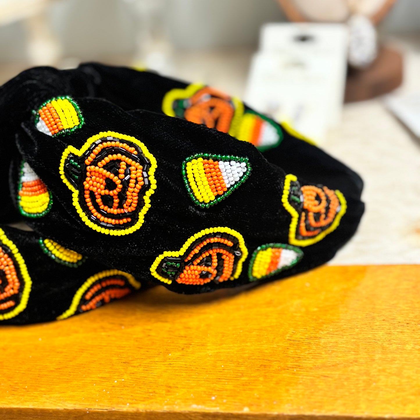 Halloween Headband Embellished with Seed Bead Candy Corn & Pumpkins