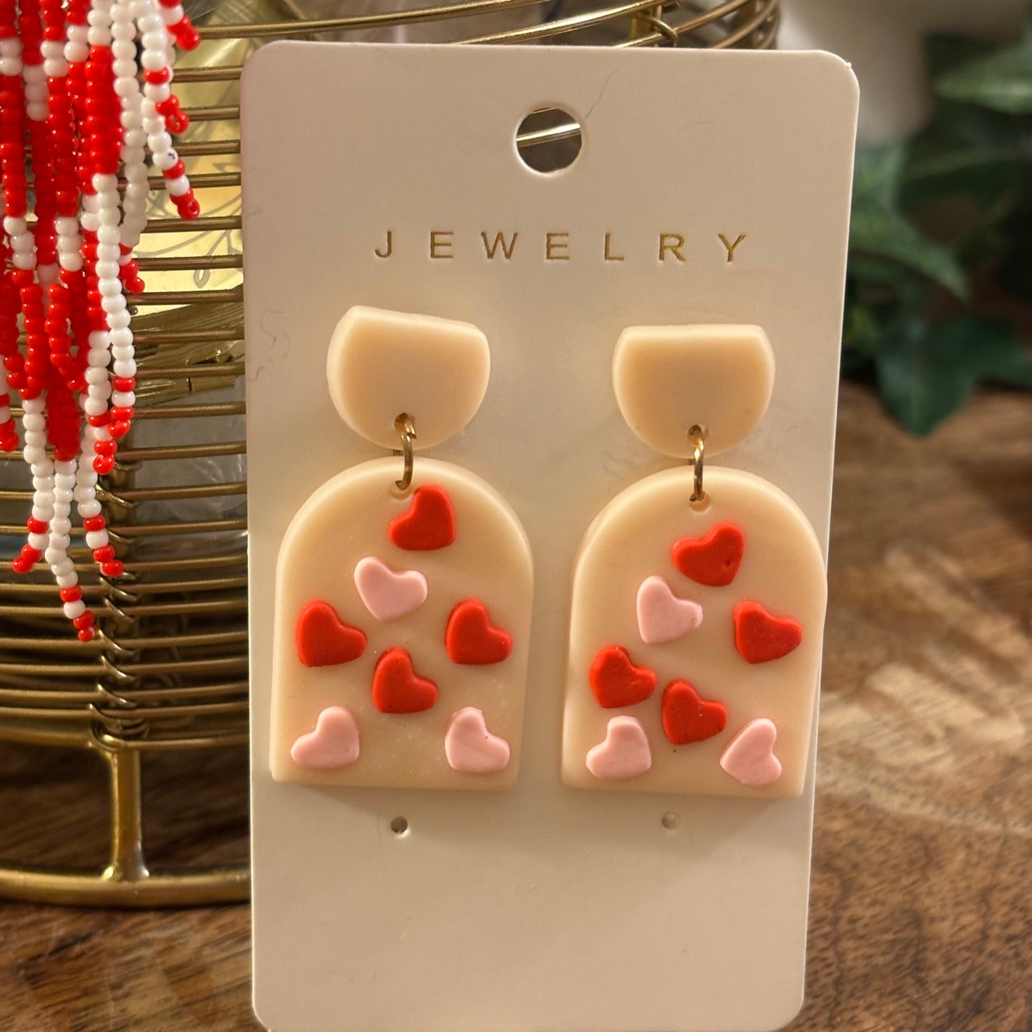 Valentine’s Day: Heart Seed Bead Fringe Dangle Earrings or Pink Hearts Post Back Earrings