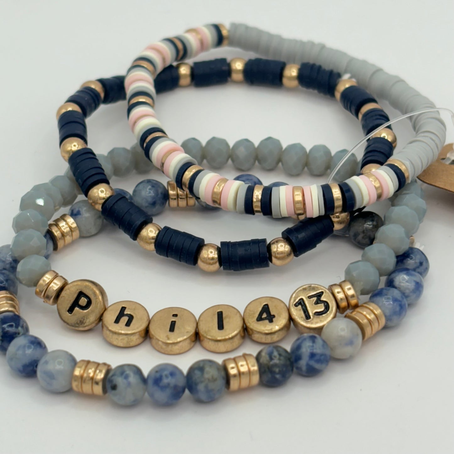 Bracelets - Navy and Gold Stretch Bracelets PHIL 4:13