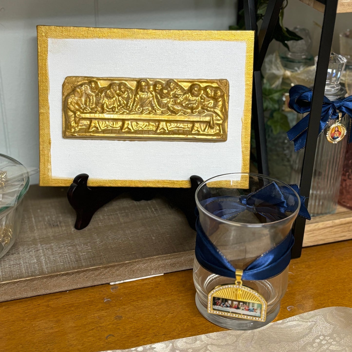 The Last Supper Hand Casted in Gold on 8” x 6” Canvas & Black Wooden Easel