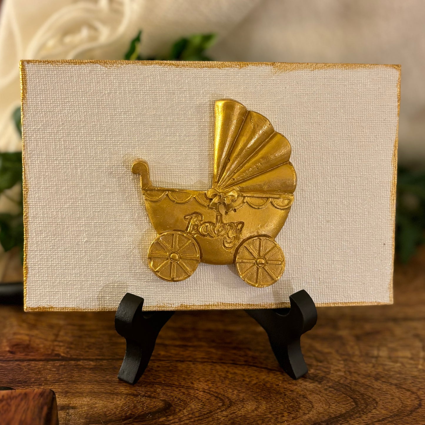 Hand Casted Gold Rocking Horse or Baby Carriage on 4” x 6” Canvas & Easel