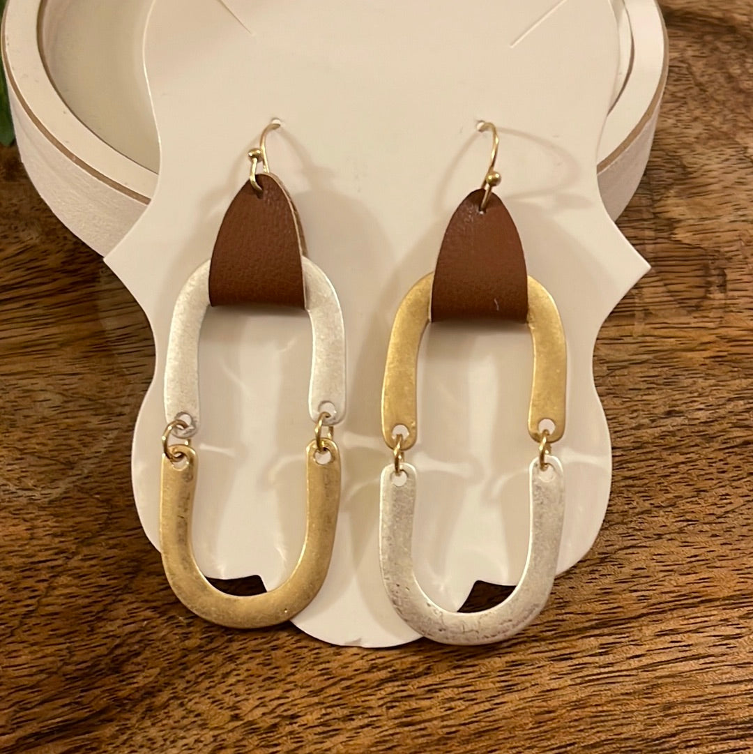 Worn Gold & Silver Mix Earrings with Leather Trim