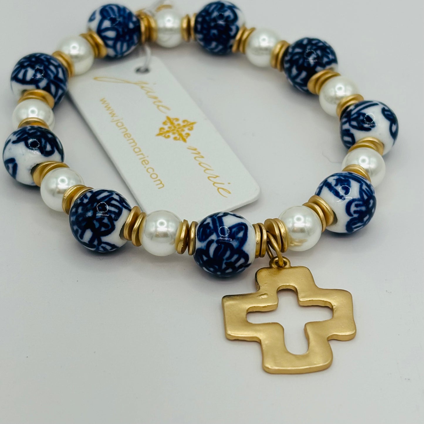 Square Cross on Pearl & Navy Blue Porcelain Beaded Bracelet • Grace Enamel Bracelet