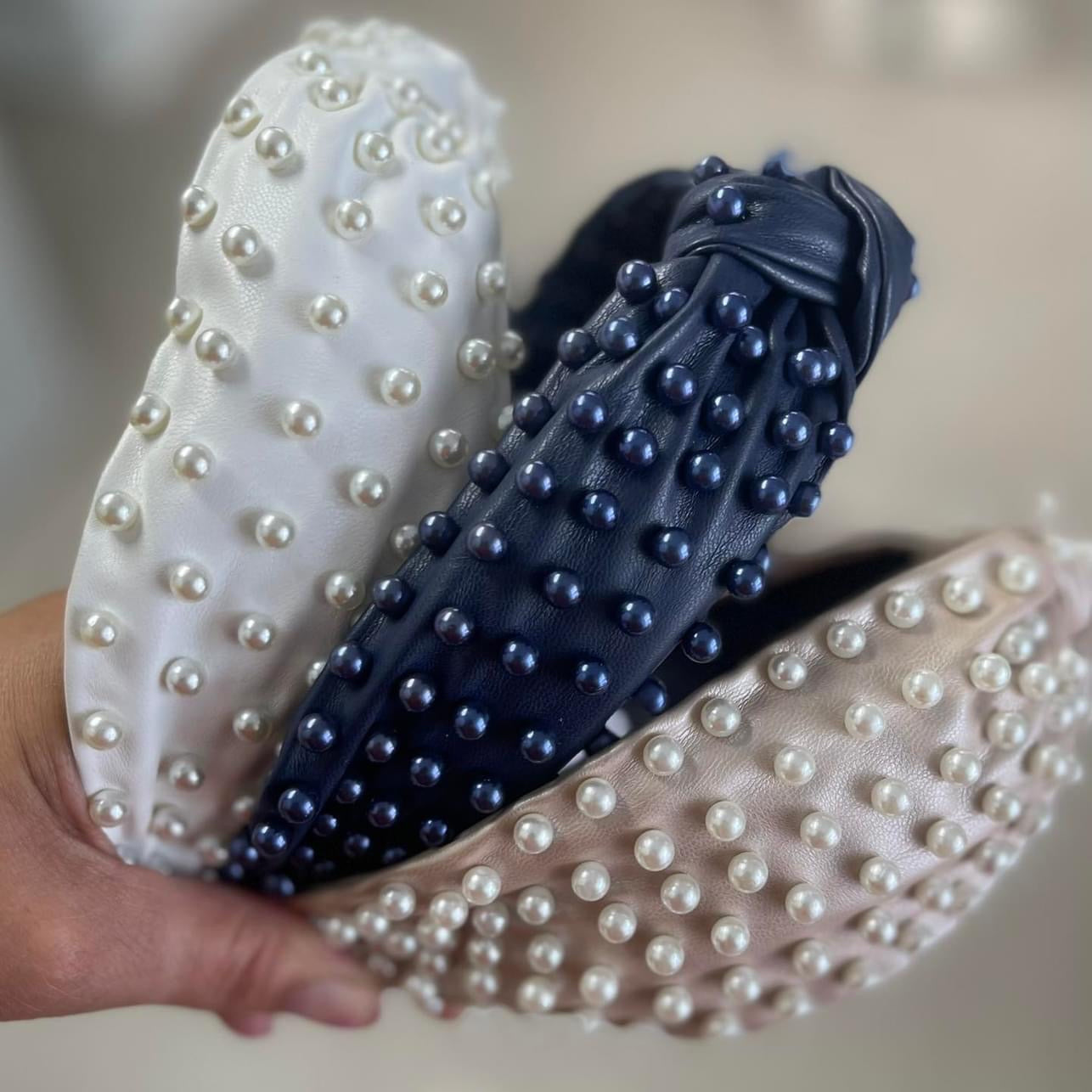 Top Knot Headband Navy with Navy Beaded Pearl Embellishments