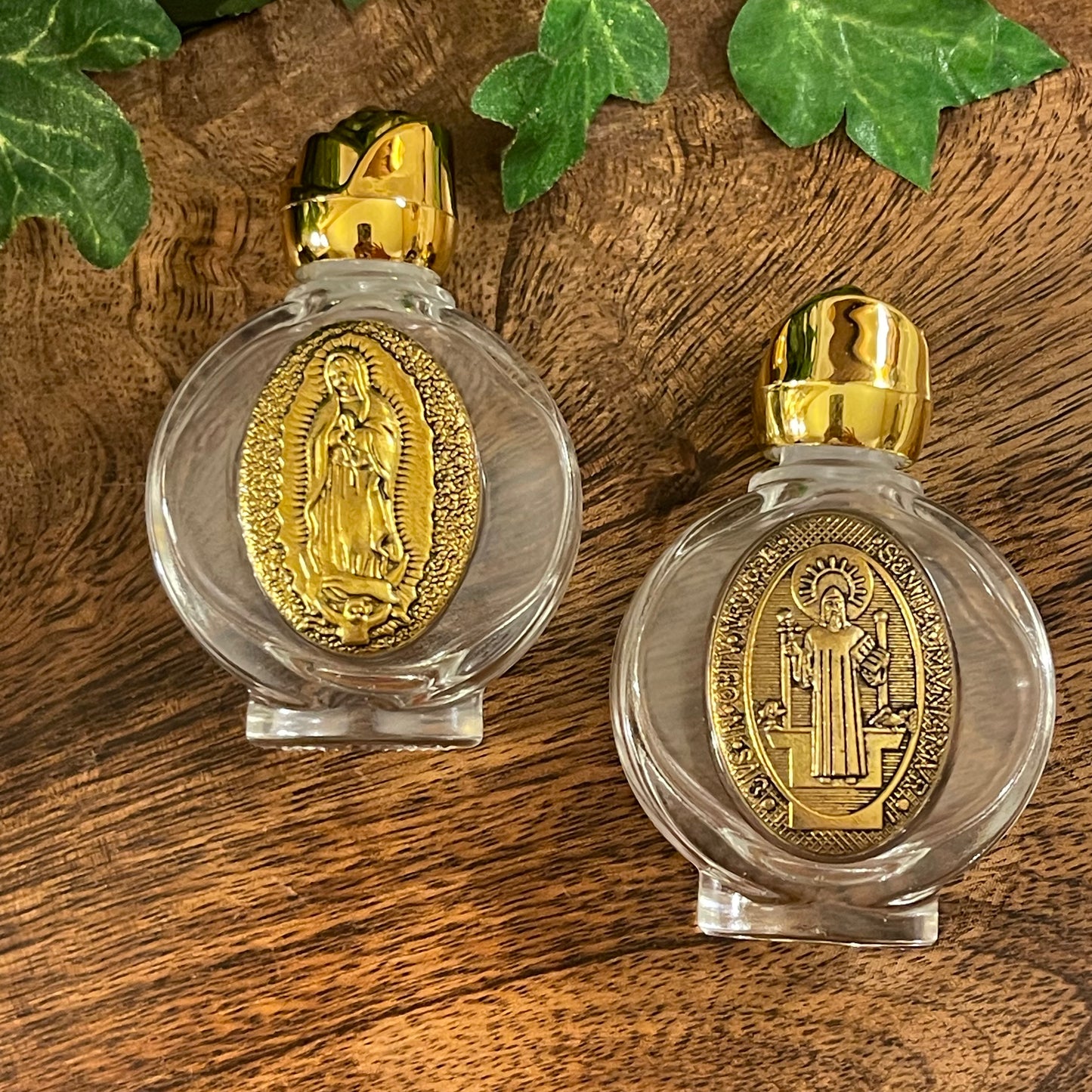 Holy Water Bottle featuring Saint Benedict or Our Lady of Guadeloupe