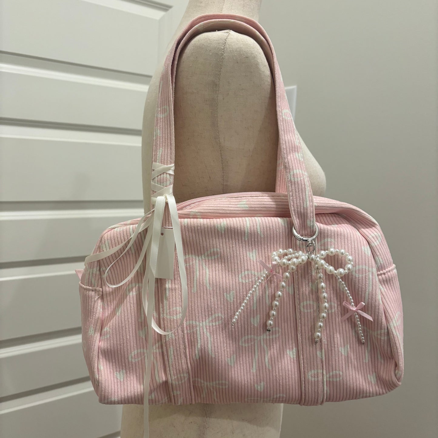 Pink Bag with White Bows Decorated with Ribbon and Pearls