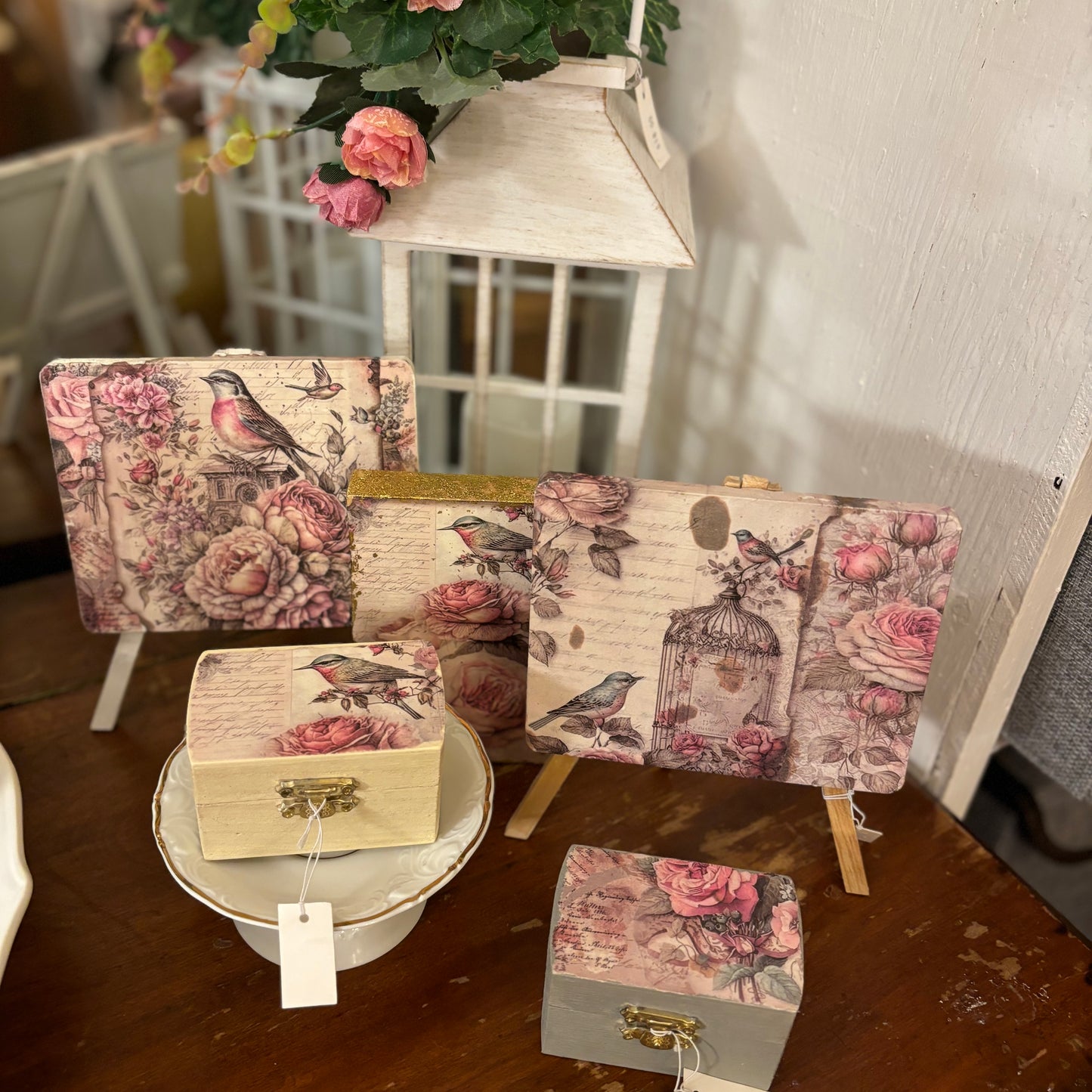 Handcrafted Decoupage Wood Slat • Easel • Box Decor • 4” x 4” Box • Lantern with Floral Decor