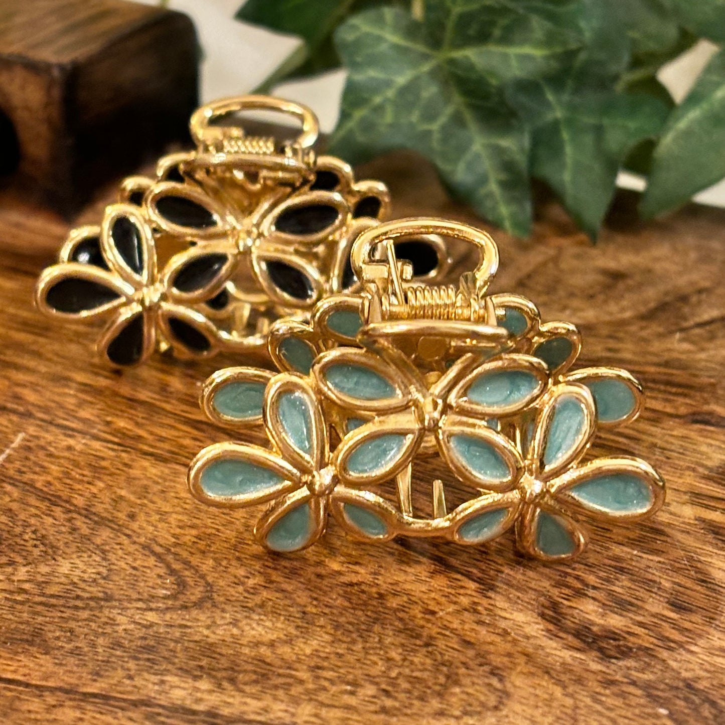 Gold Hair Claw Clip with Enamel Design in Black or Light Blue