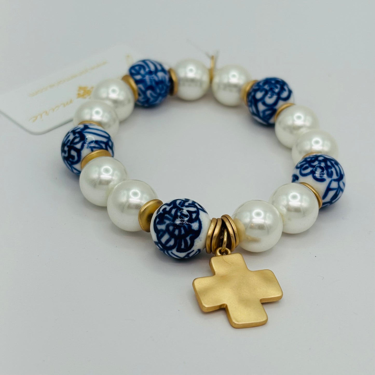 Square Cross on Pearl & Navy Blue Porcelain Beaded Bracelet • Grace Enamel Bracelet