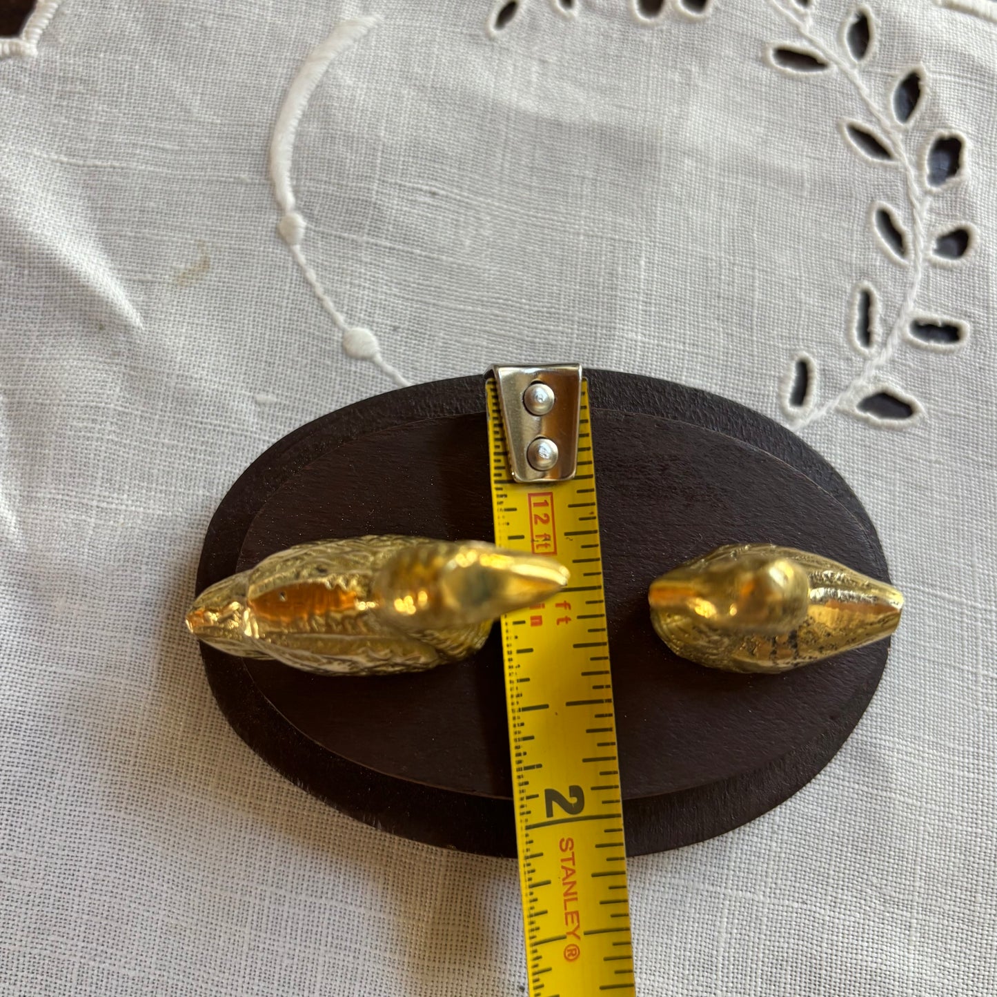 Small Brass Ducks on Wood Surface