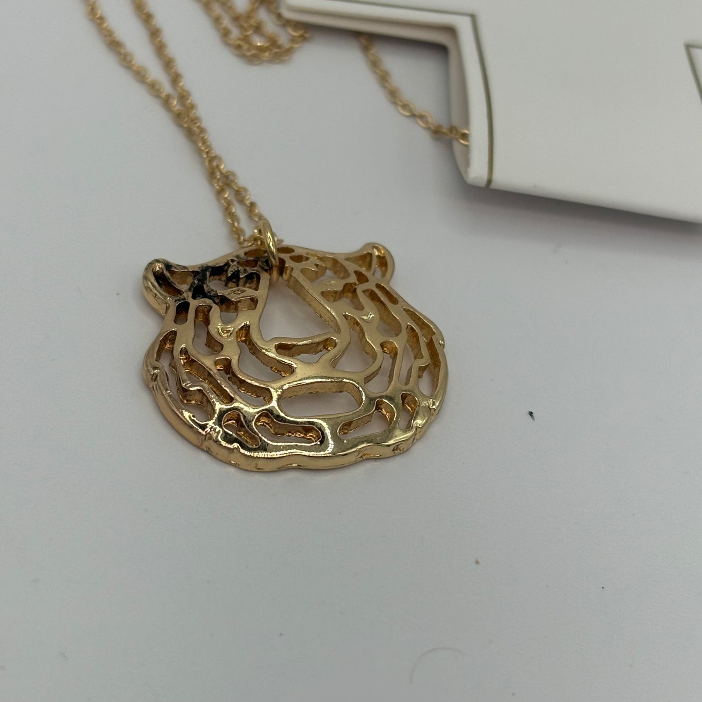 Tiger Pendant on 18” long Gold tone Necklace