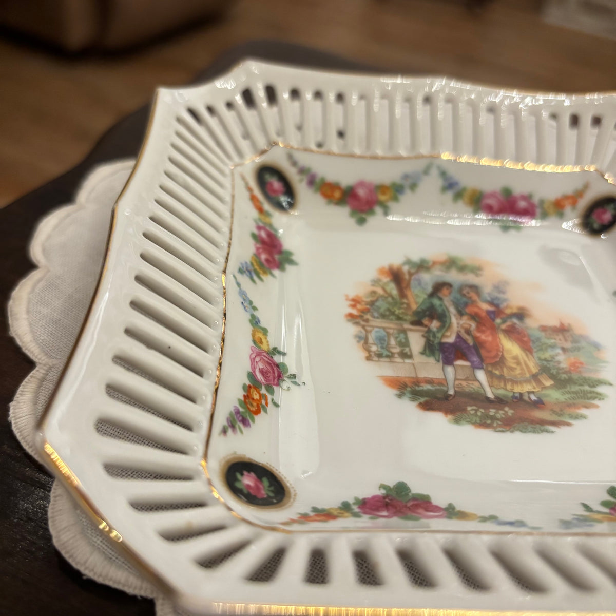 Schumann Reticulated Square Candy Dish, Couple in Garden 7"