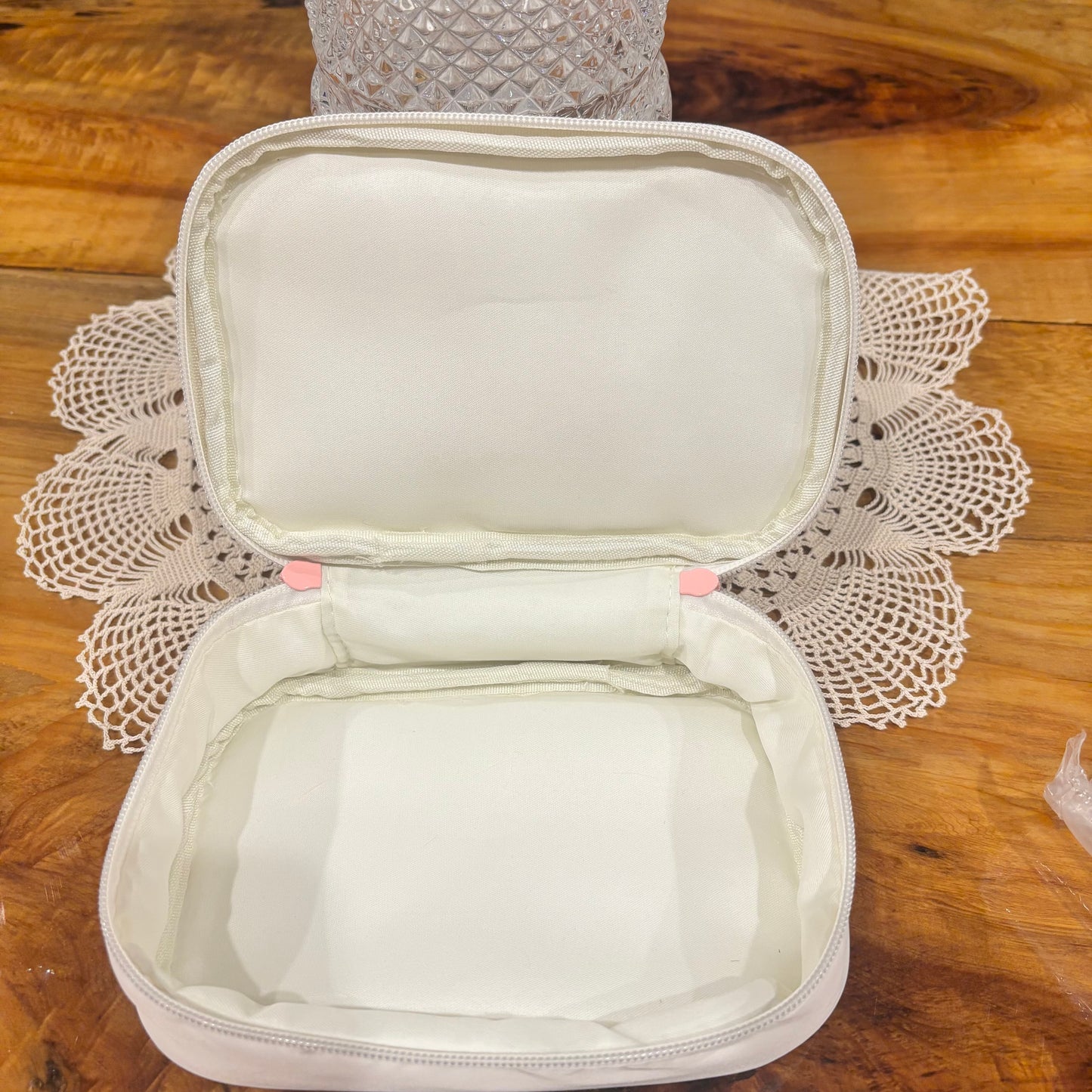 Cosmetic Bag Featuring Embroidered Pink Bow