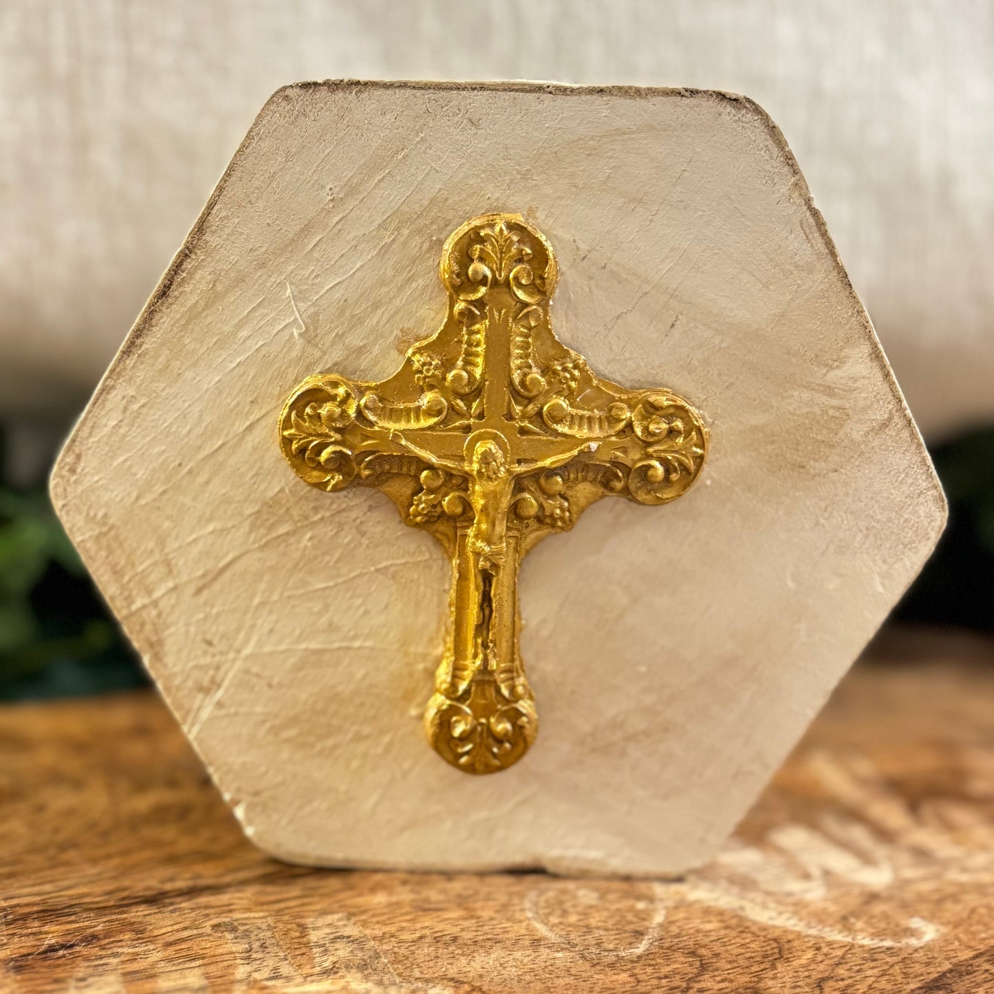 Hand Casted Cross in Gold on 4.5” x 4.5” Wood Slat