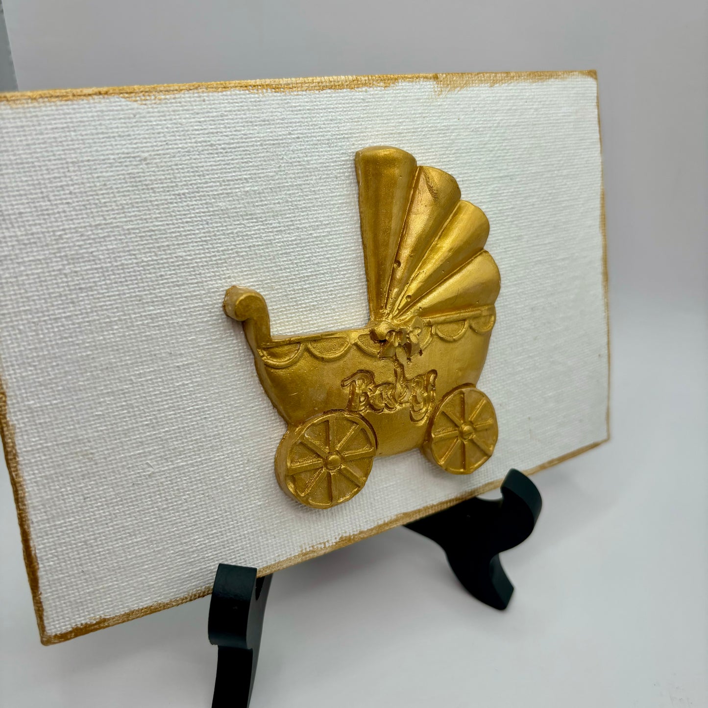 Hand Casted Gold Rocking Horse or Baby Carriage on 4” x 6” Canvas & Easel