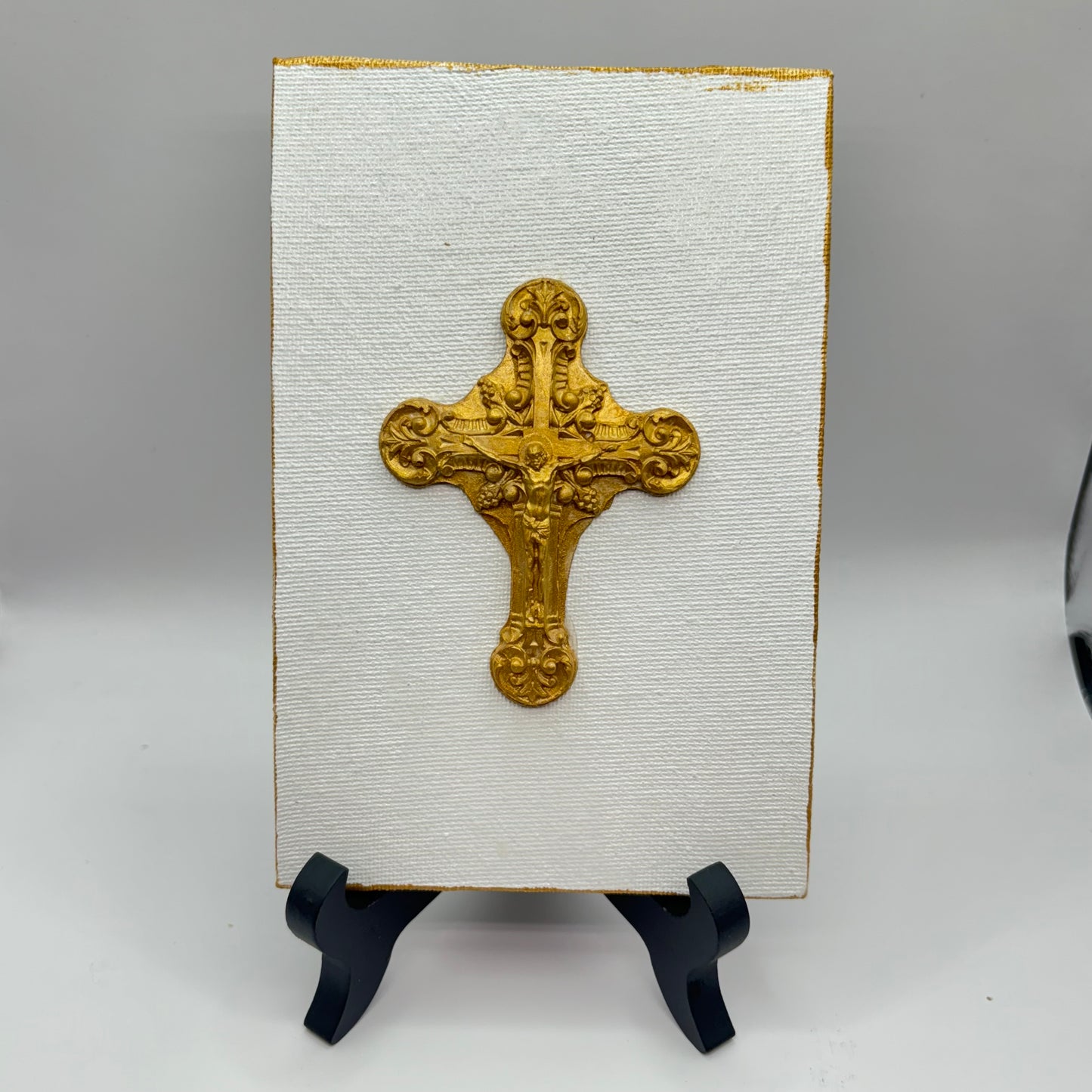 Hand Casted Gold Cross on 4” x 6” Canvas & Easel