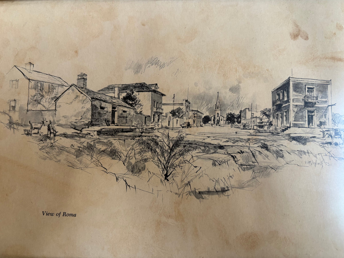 Pair of Framed Panoramic Prints Featuring Architectural Sketches of Historic Texas