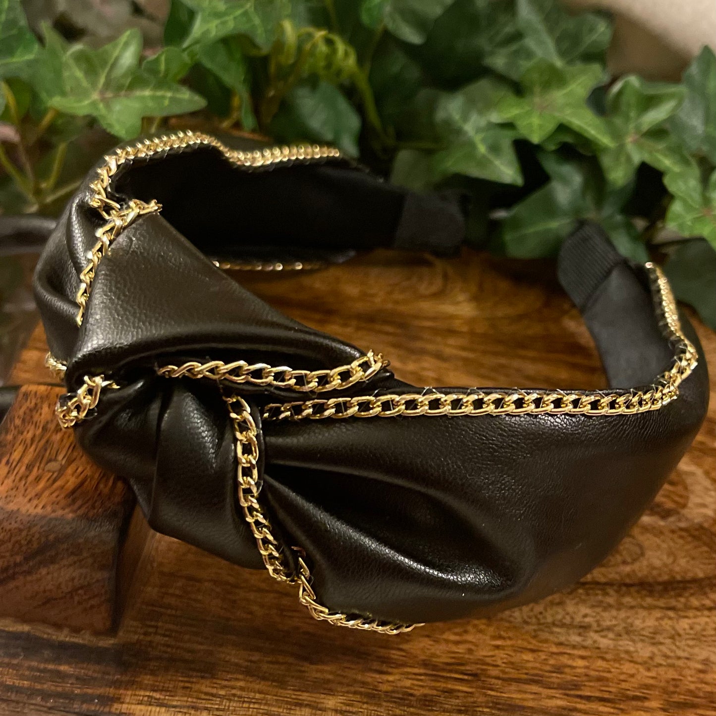 Headband • Black Pleather Embellished with Gold Chainlink