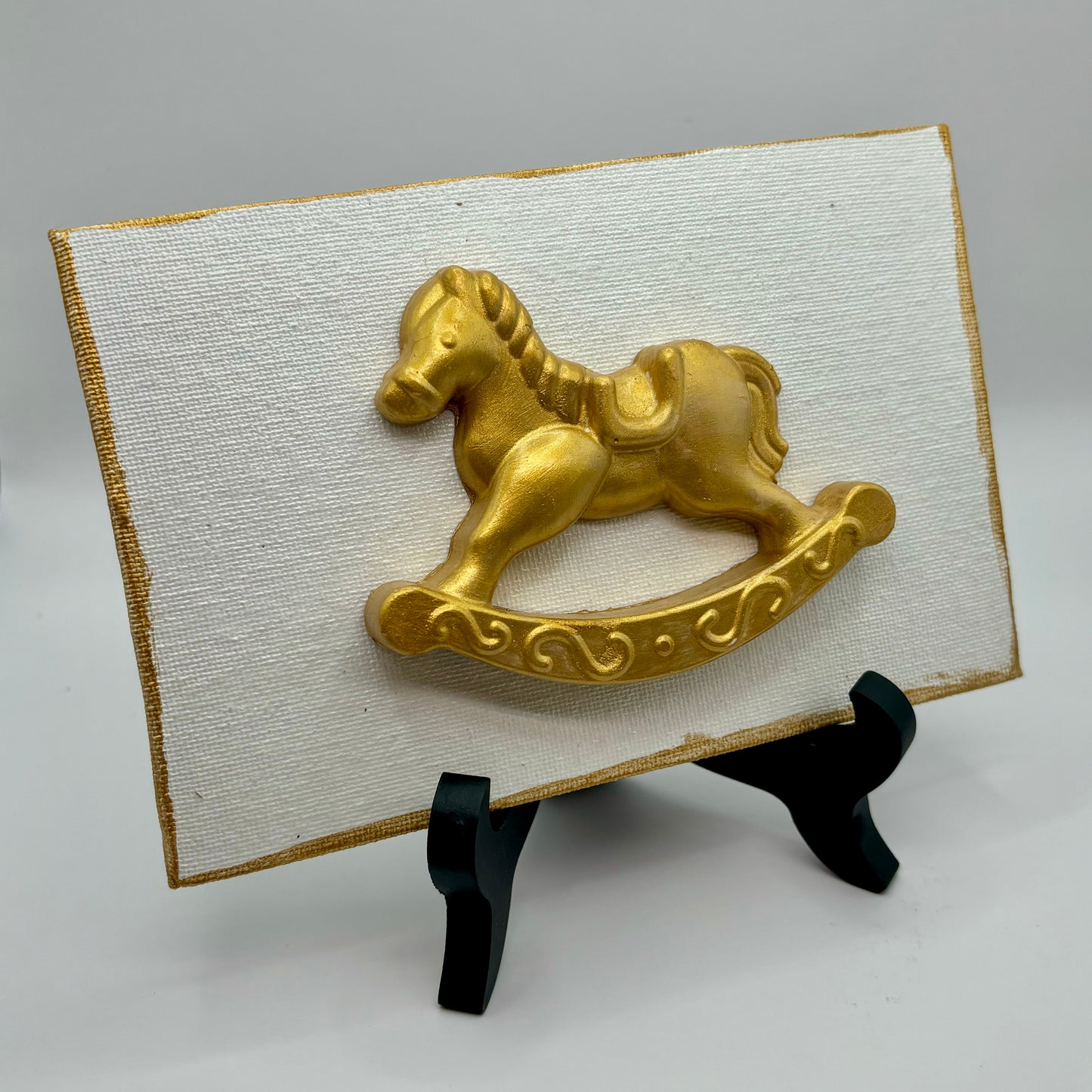Hand Casted Gold Rocking Horse or Baby Carriage on 4” x 6” Canvas & Easel