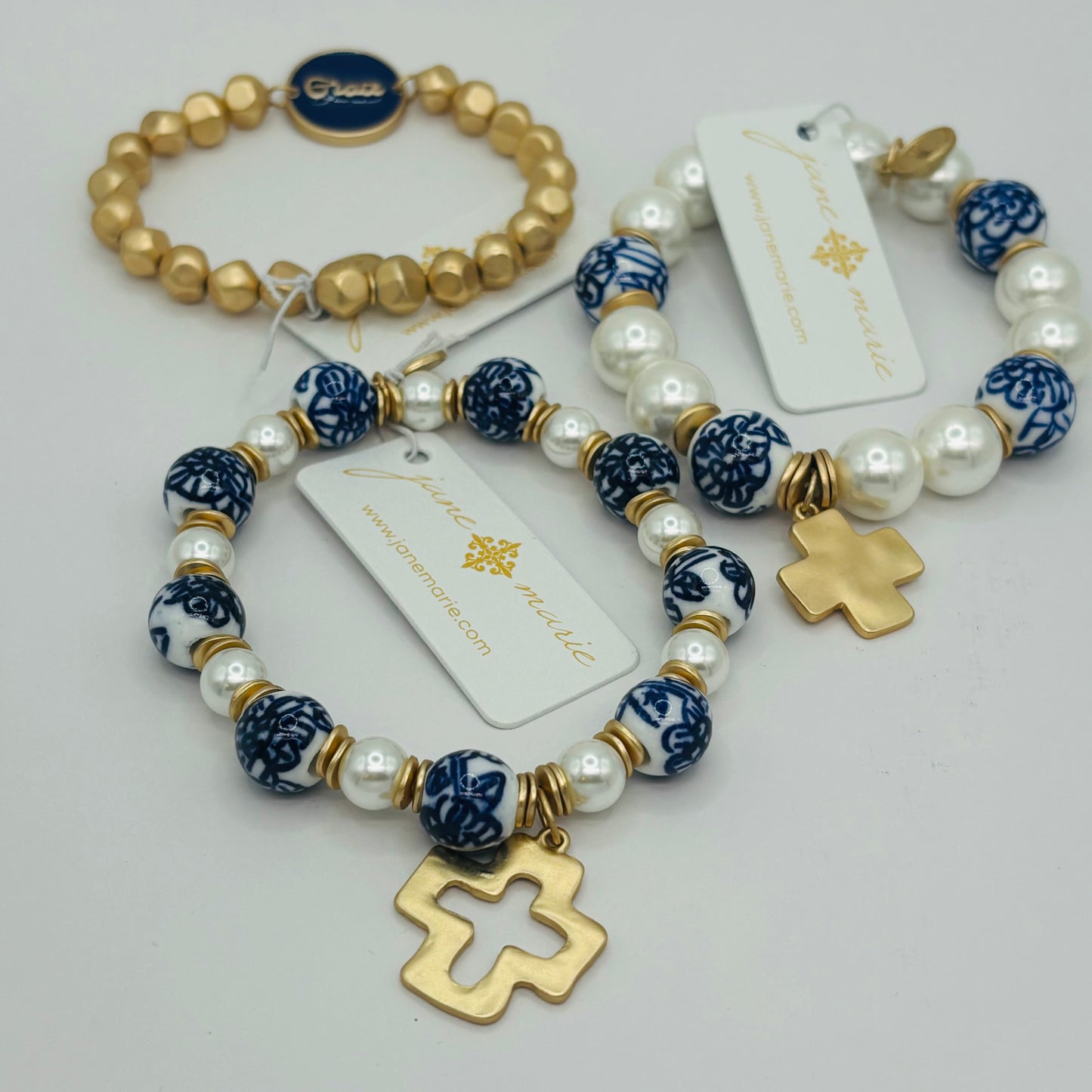 Square Cross on Pearl & Navy Blue Porcelain Beaded Bracelet • Grace Enamel Bracelet