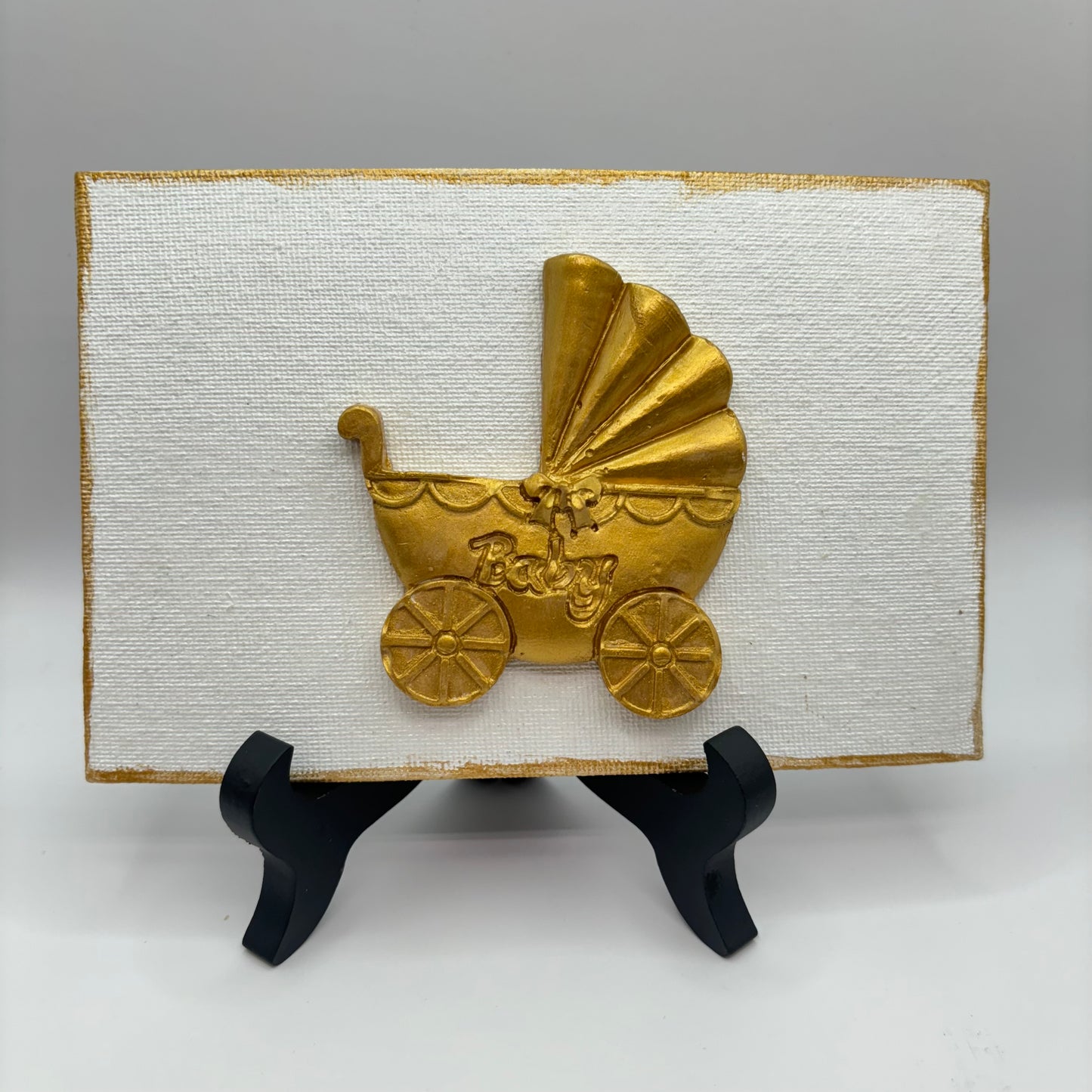 Hand Casted Gold Rocking Horse or Baby Carriage on 4” x 6” Canvas & Easel