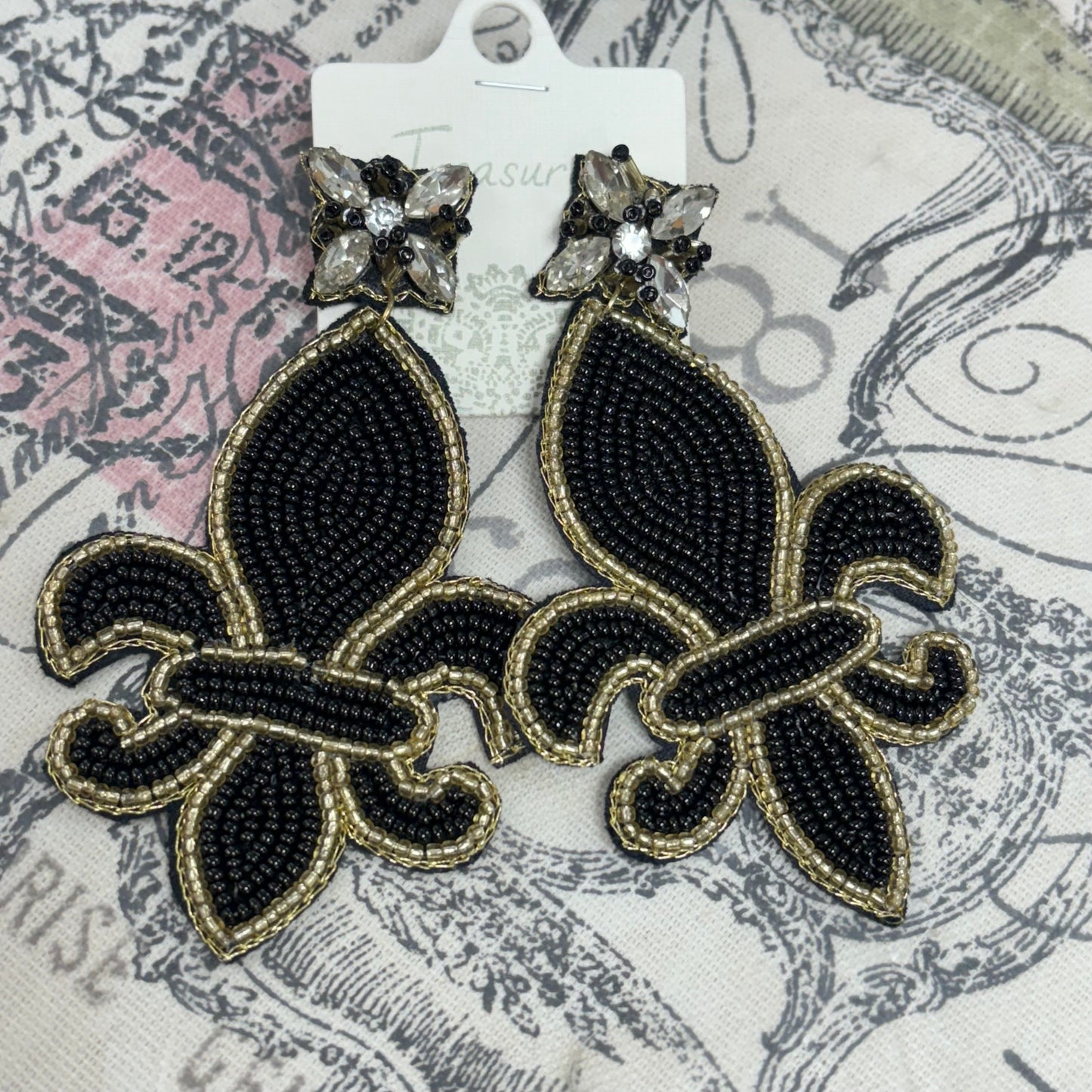 GameDay: Black and Gold Fleur de Lis Seed Bead Statement Earrings