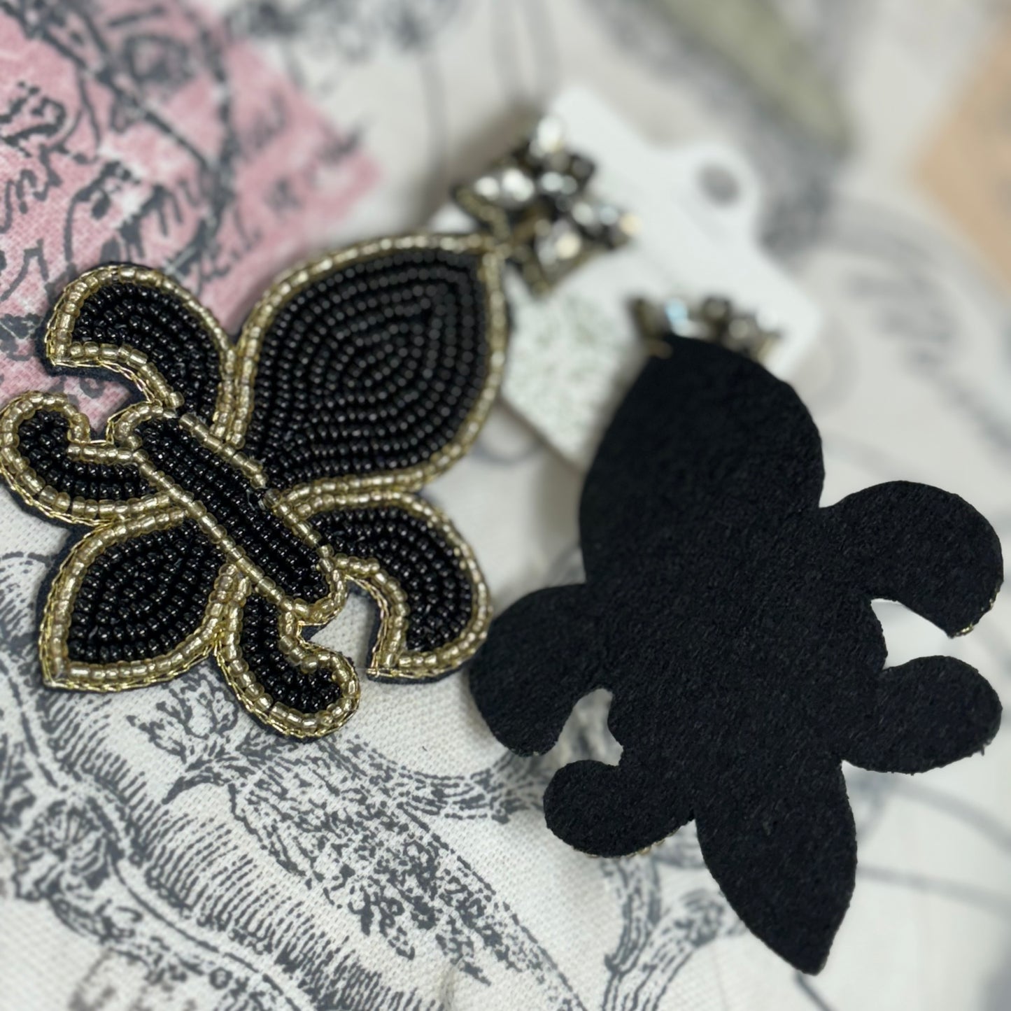 GameDay: Black and Gold Fleur de Lis Seed Bead Statement Earrings