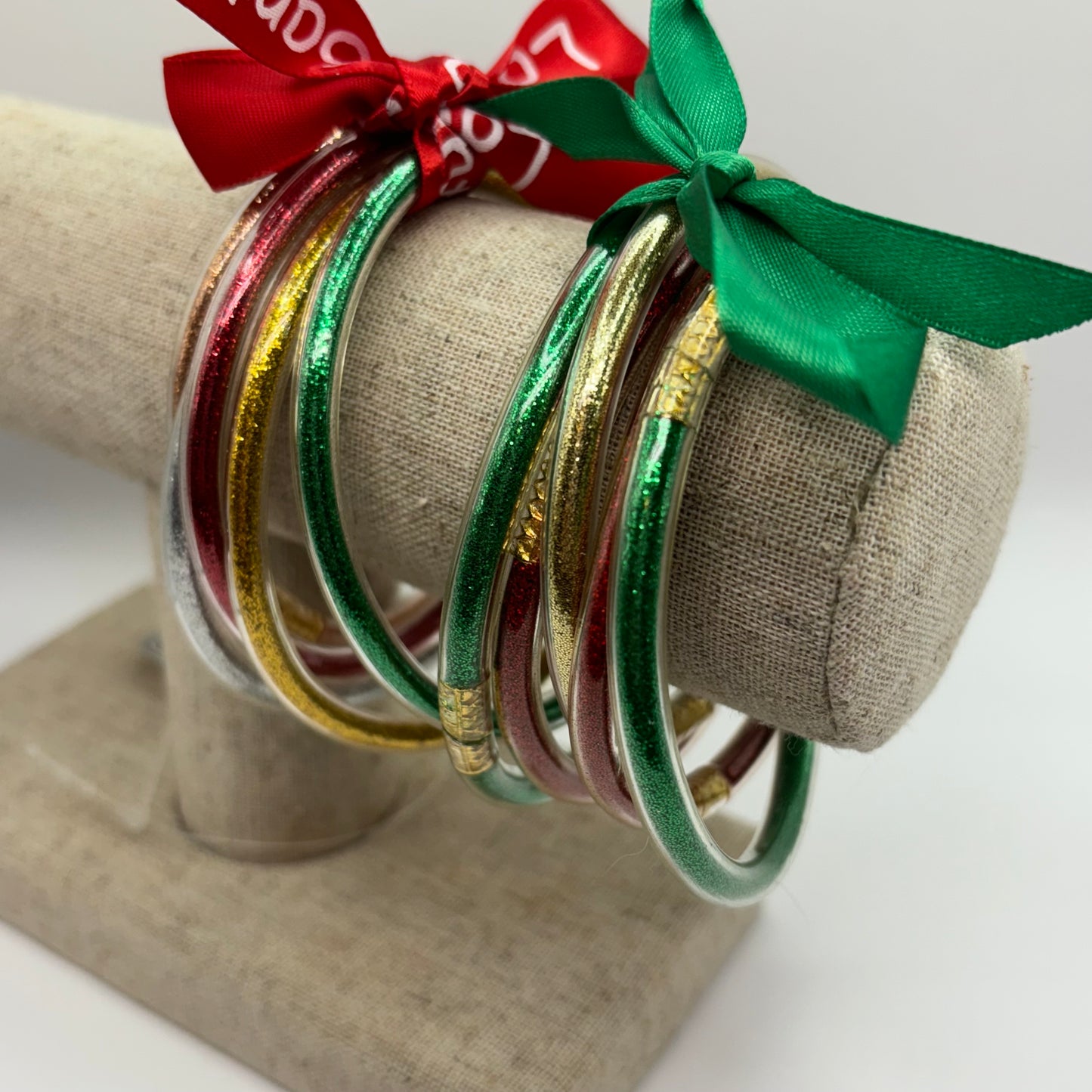 Christmas Glitter Jelly Bangle Bracelet Stacks • Green Ribbon