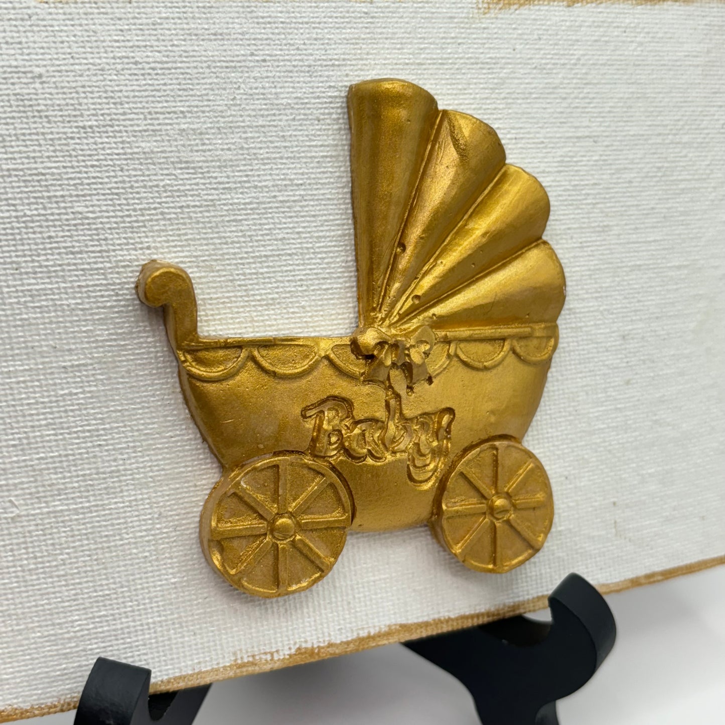 Hand Casted Gold Rocking Horse or Baby Carriage on 4” x 6” Canvas & Easel