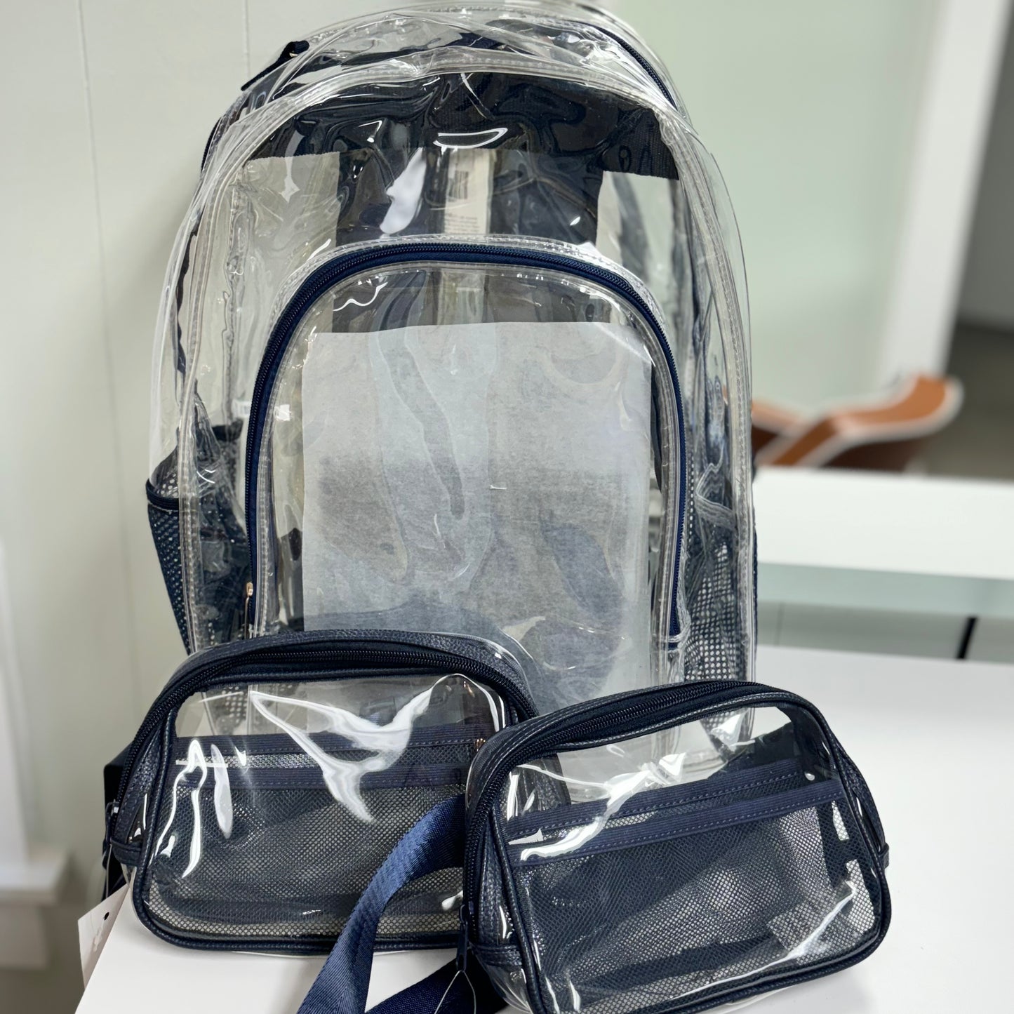 Stadium Bags: Clear With Navy Trim Clutch/Crossbody Bag or Navy Backpack