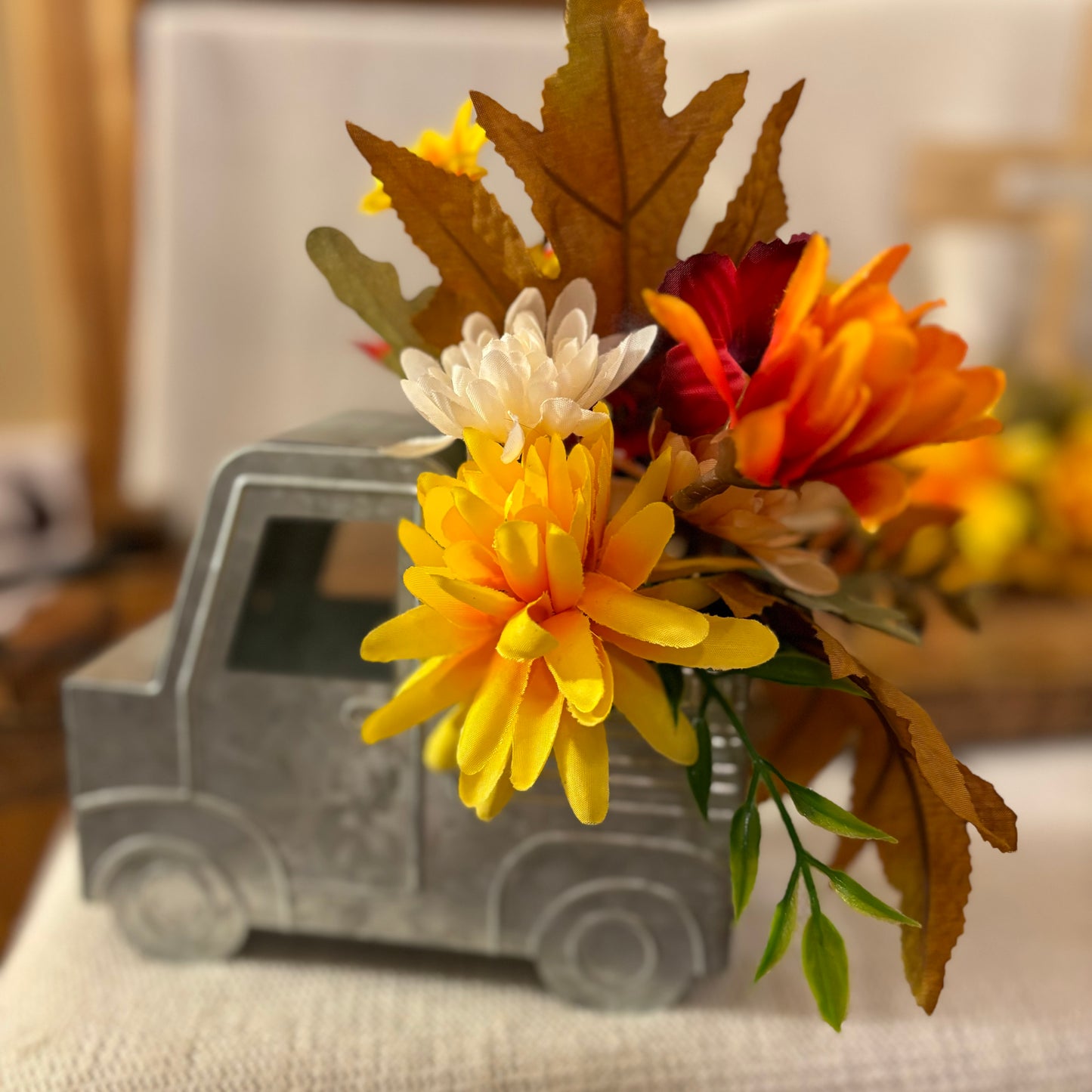 Fall Florals on Stained Wood Cross or Tin Truck with Fall Floral