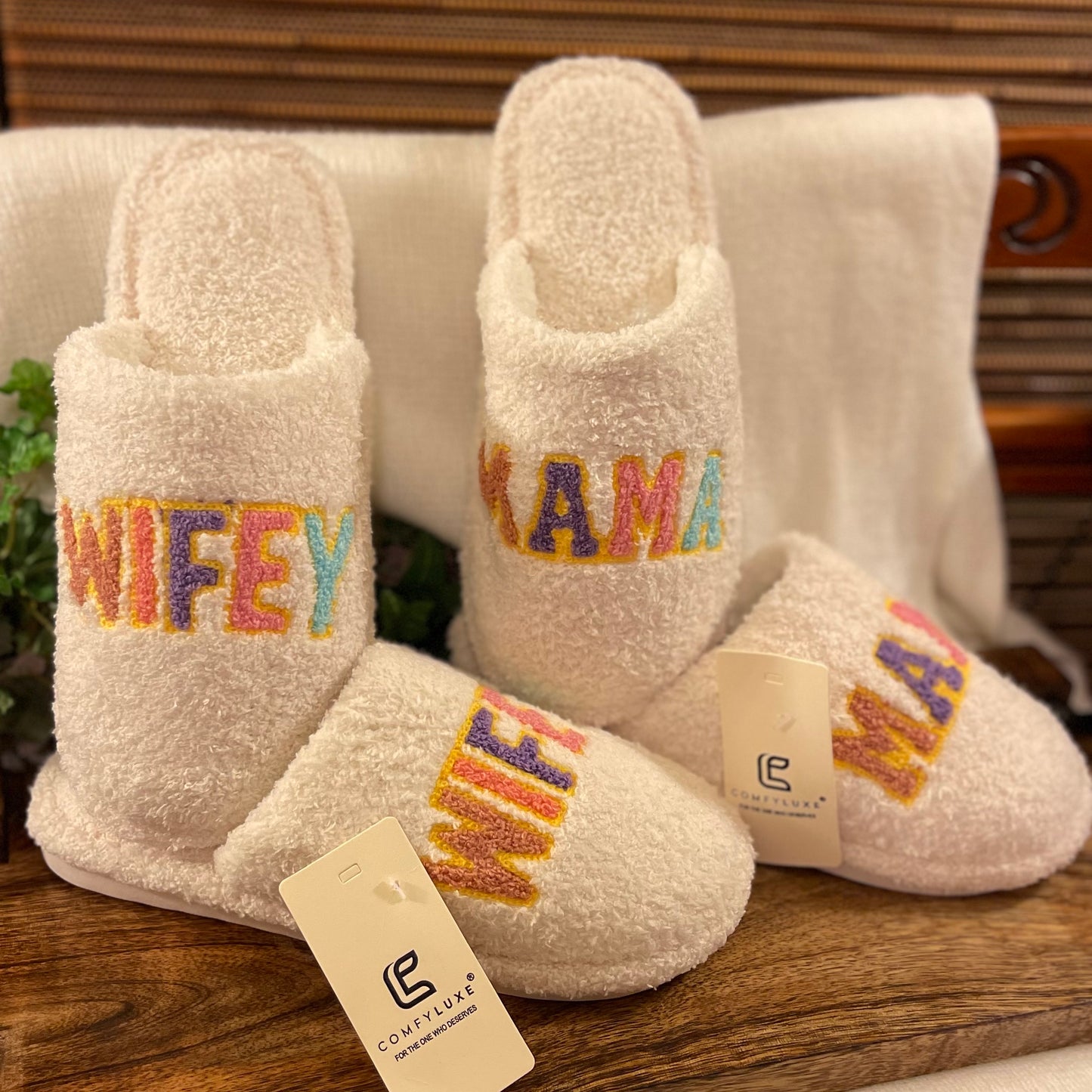 ComfyLuxe Ladies Slide On Slippers • MAMA ~ WIFEY