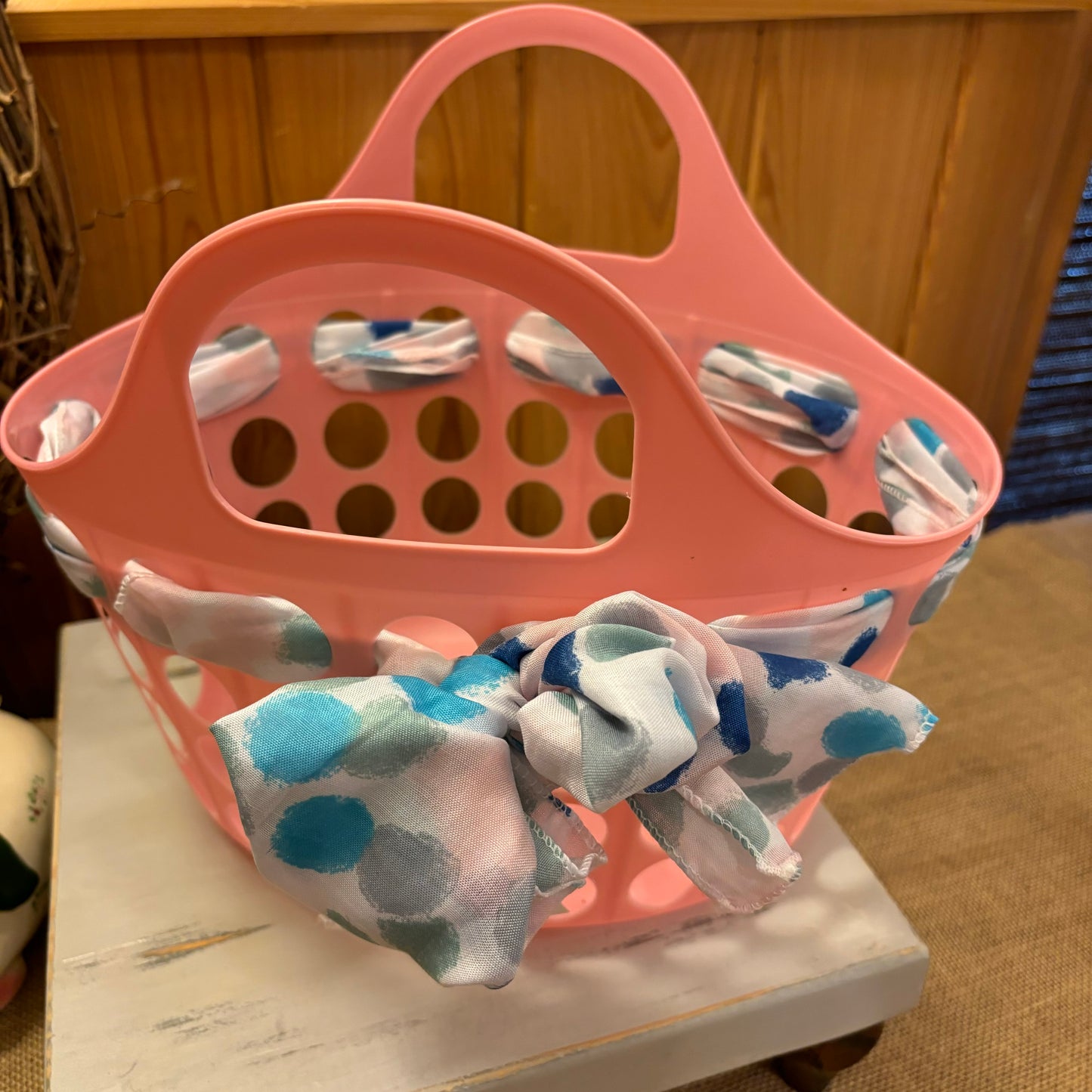 Pink Basket with Functional Scarf Threaded Through