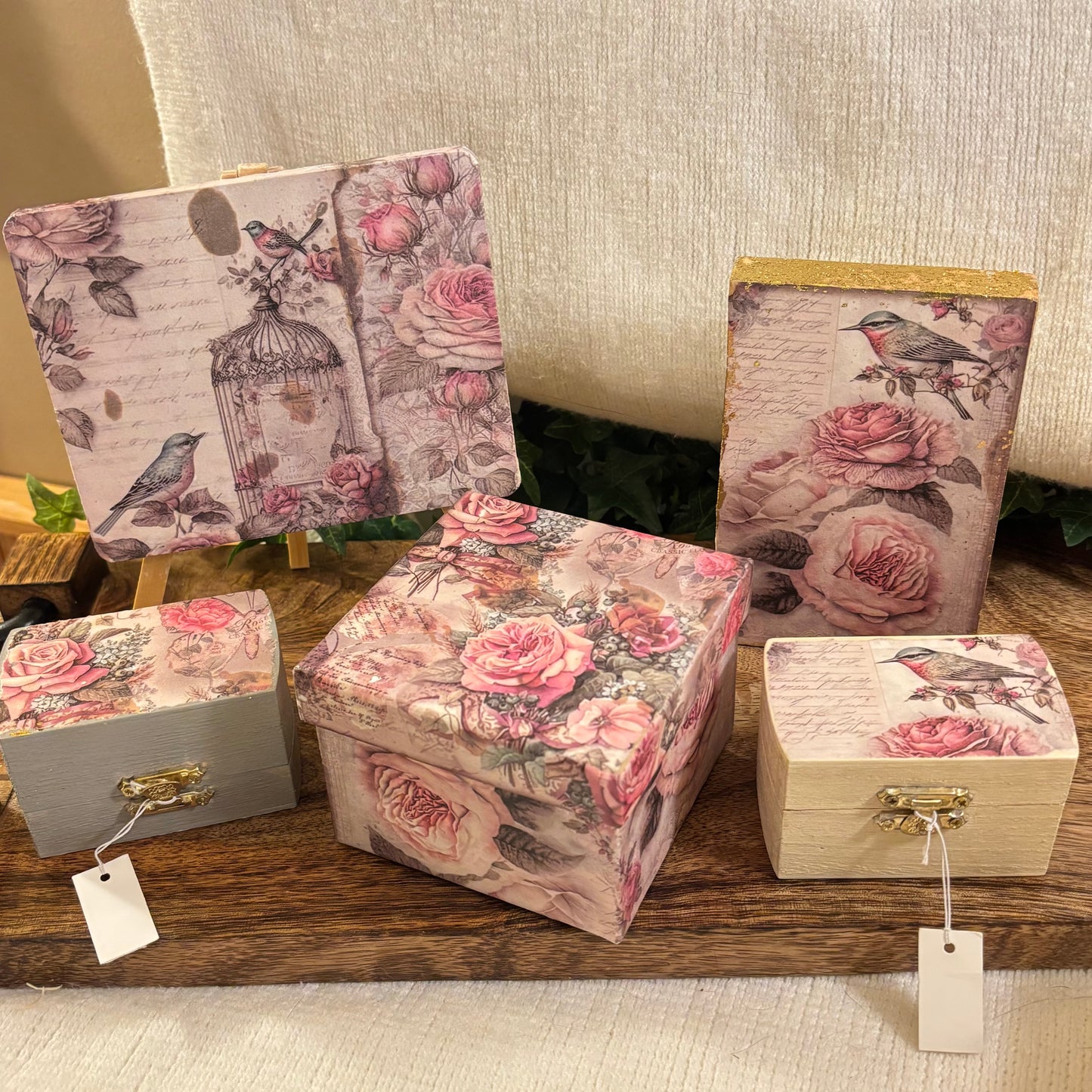 Handcrafted Decoupage Wood Slat • Easel • Box Decor • 4” x 4” Box • Lantern with Floral Decor